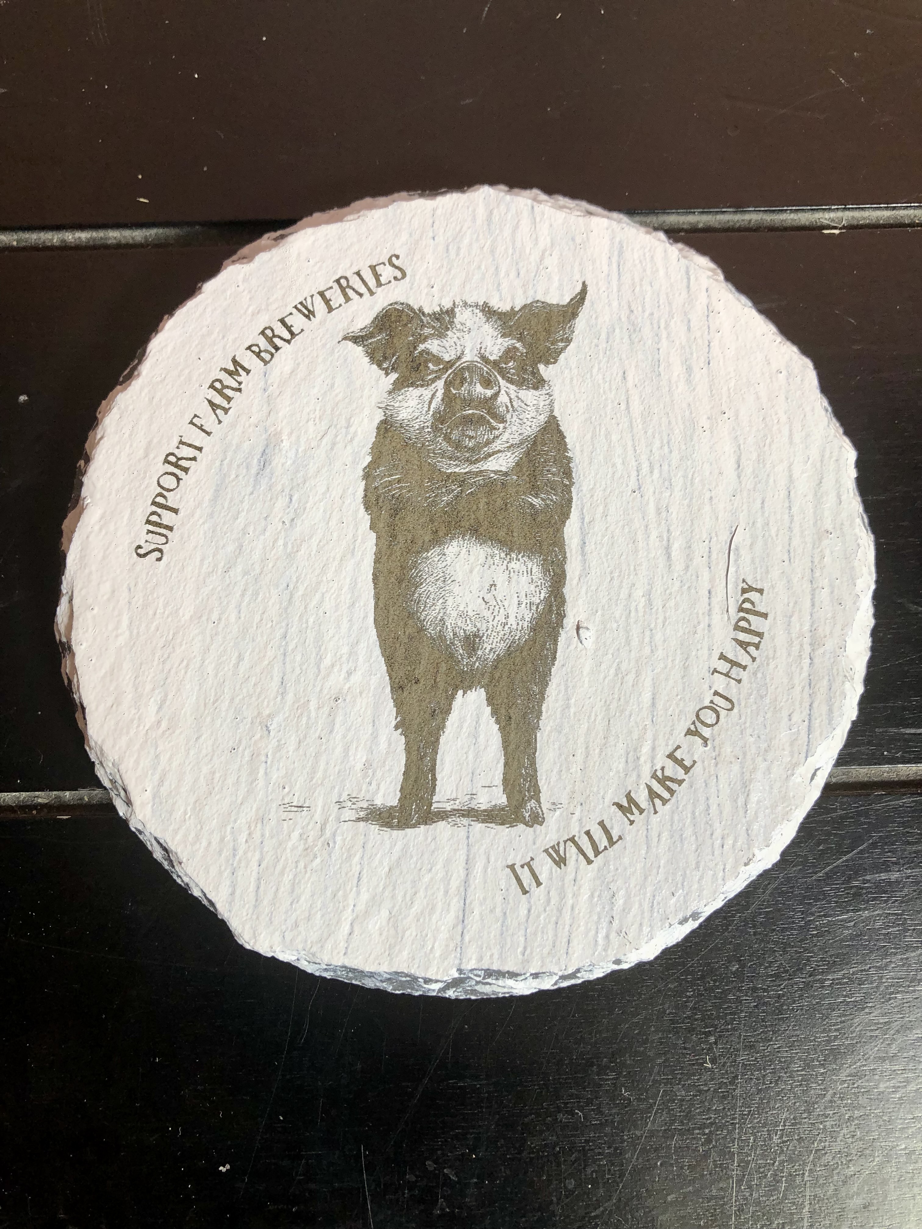 GRUMPY FARM ANIMALS COASTERS - Laser Etched Slate Coasters - Set of 4 - "SUPPORT FAM BREWERIES - IT WILL MAKE YOU HAPPY" - Design 1