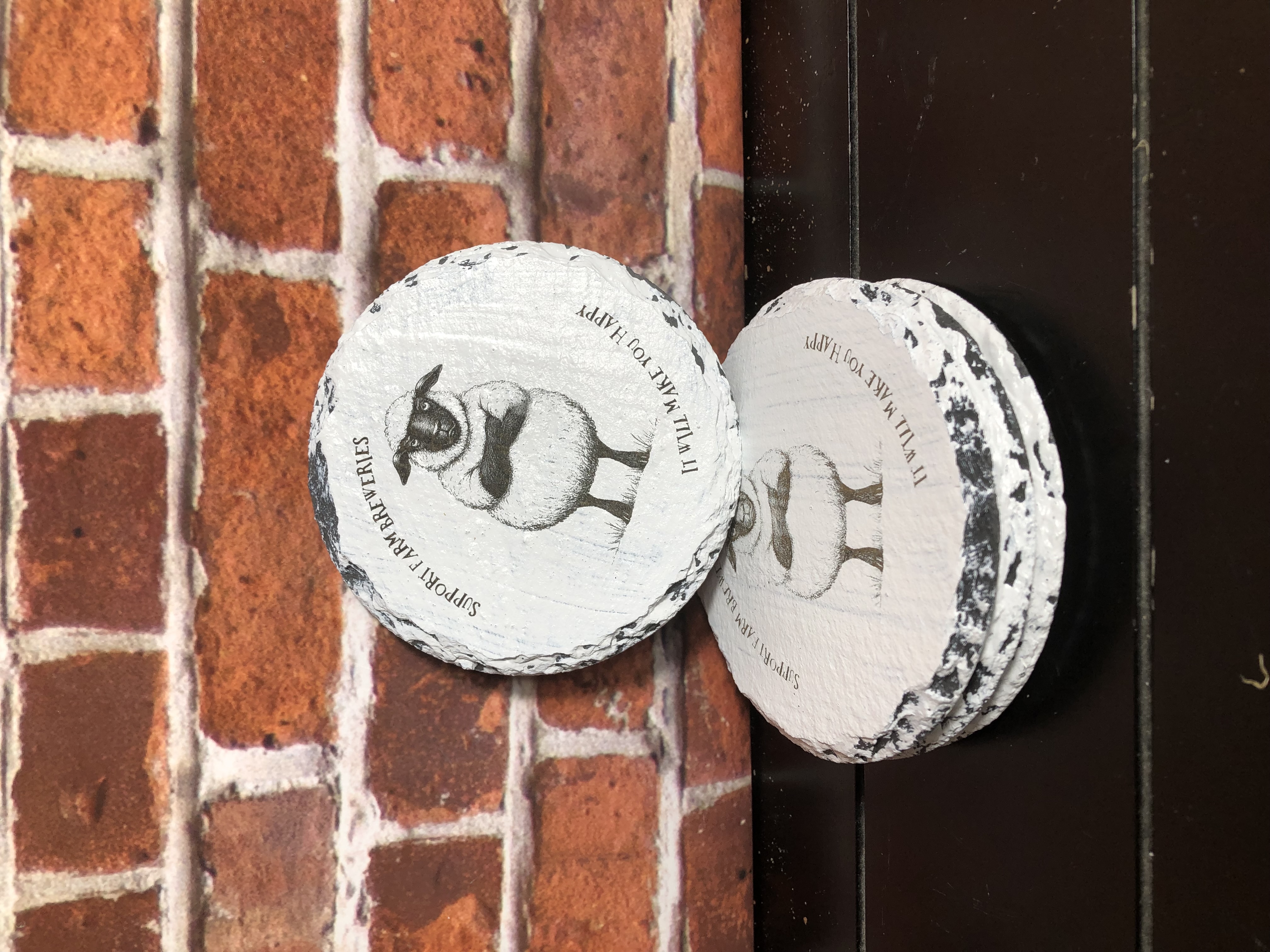 GRUMPY FARM ANIMALS COASTERS - Laser Etched Slate Coasters - Set of 4 - "SUPPORT FAM BREWERIES - IT WILL MAKE YOU HAPPY" - Design 2