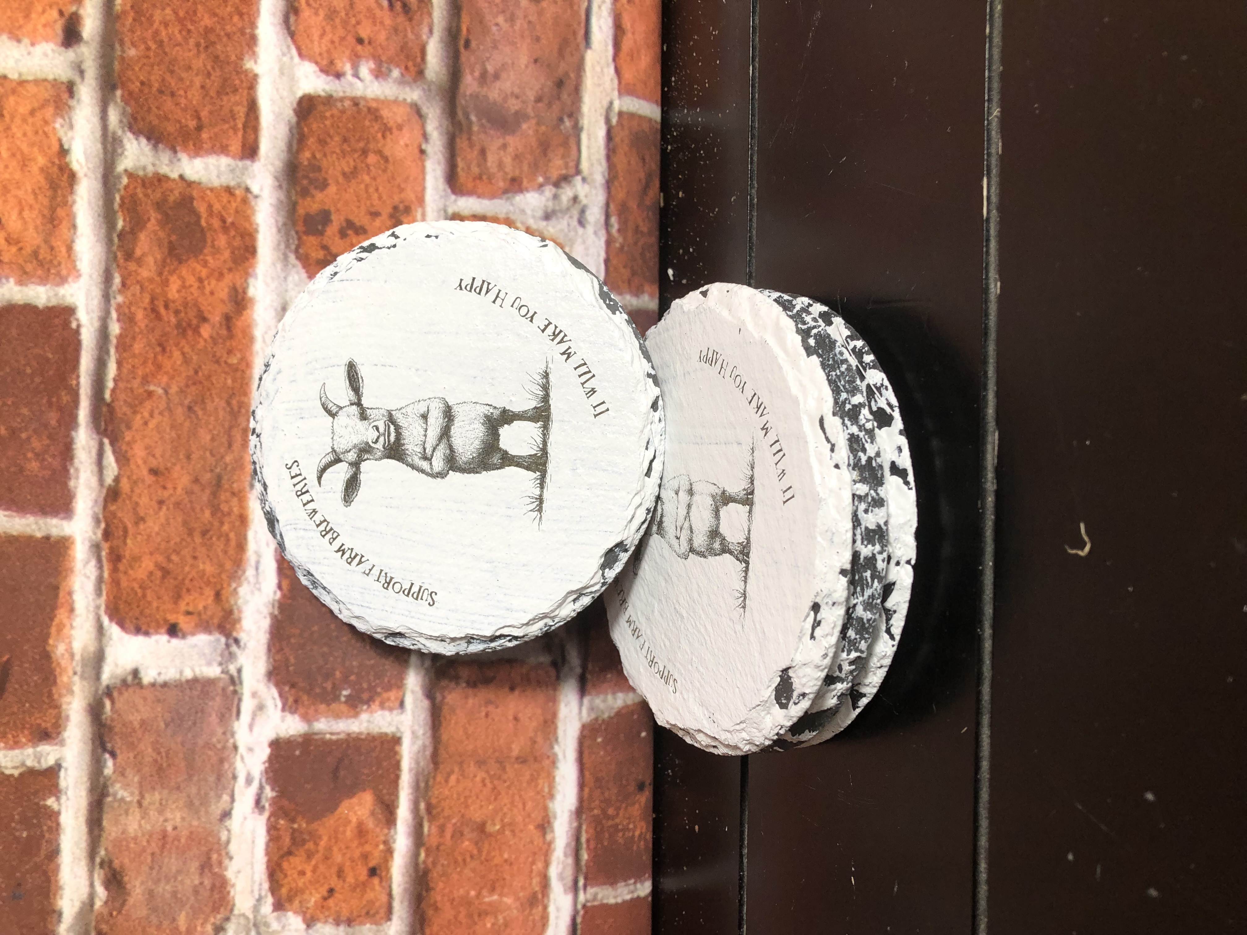 GRUMPY FARM ANIMALS COASTERS - Laser Etched Slate Coasters - Set of 4 - "SUPPORT FAM BREWERIES - IT WILL MAKE YOU HAPPY" - Design 4