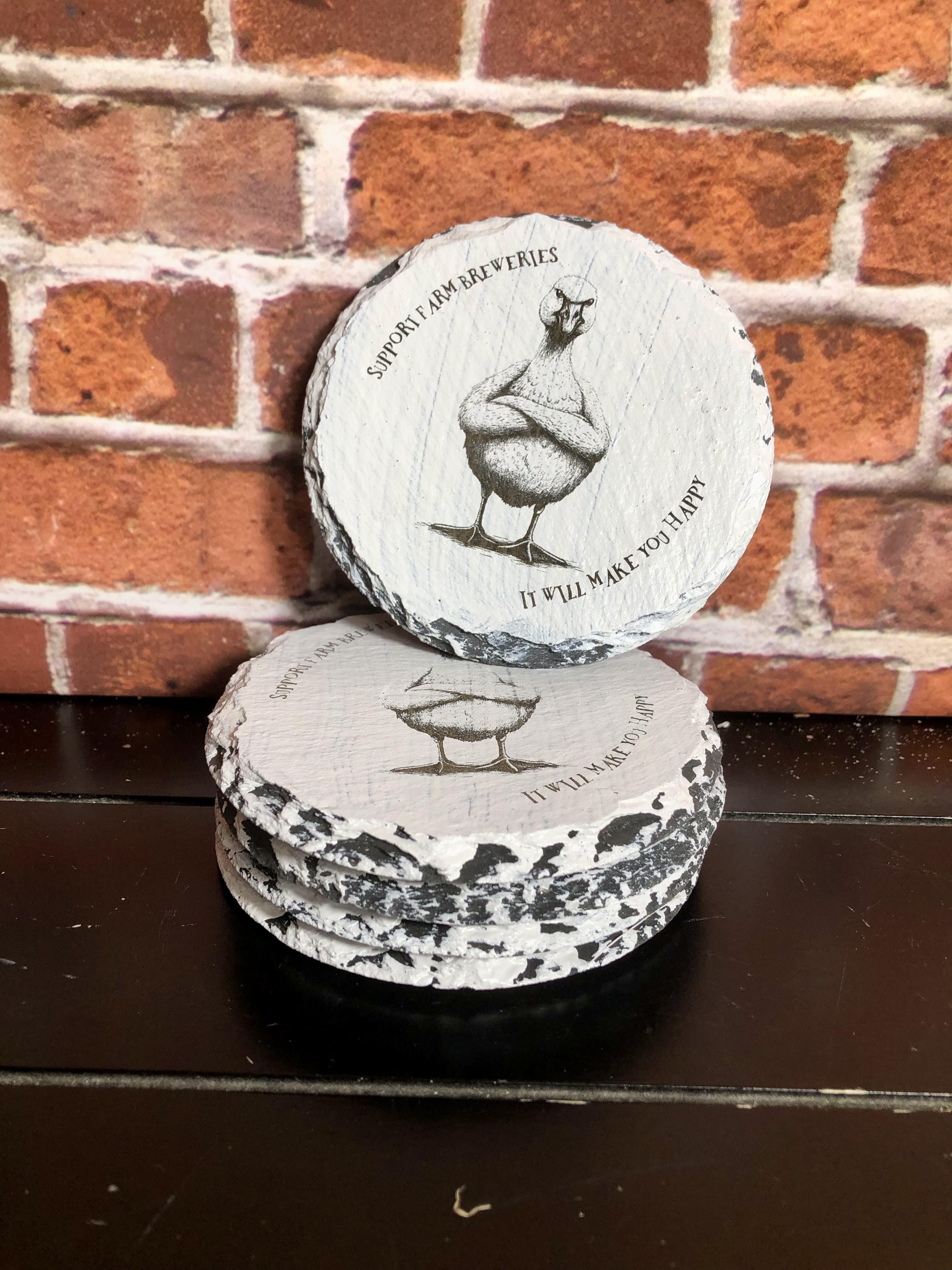 GRUMPY FARM ANIMALS COASTERS - Laser Etched Slate Coasters - Set of 4 - "SUPPORT FAM BREWERIES - IT WILL MAKE YOU HAPPY" - Design 5