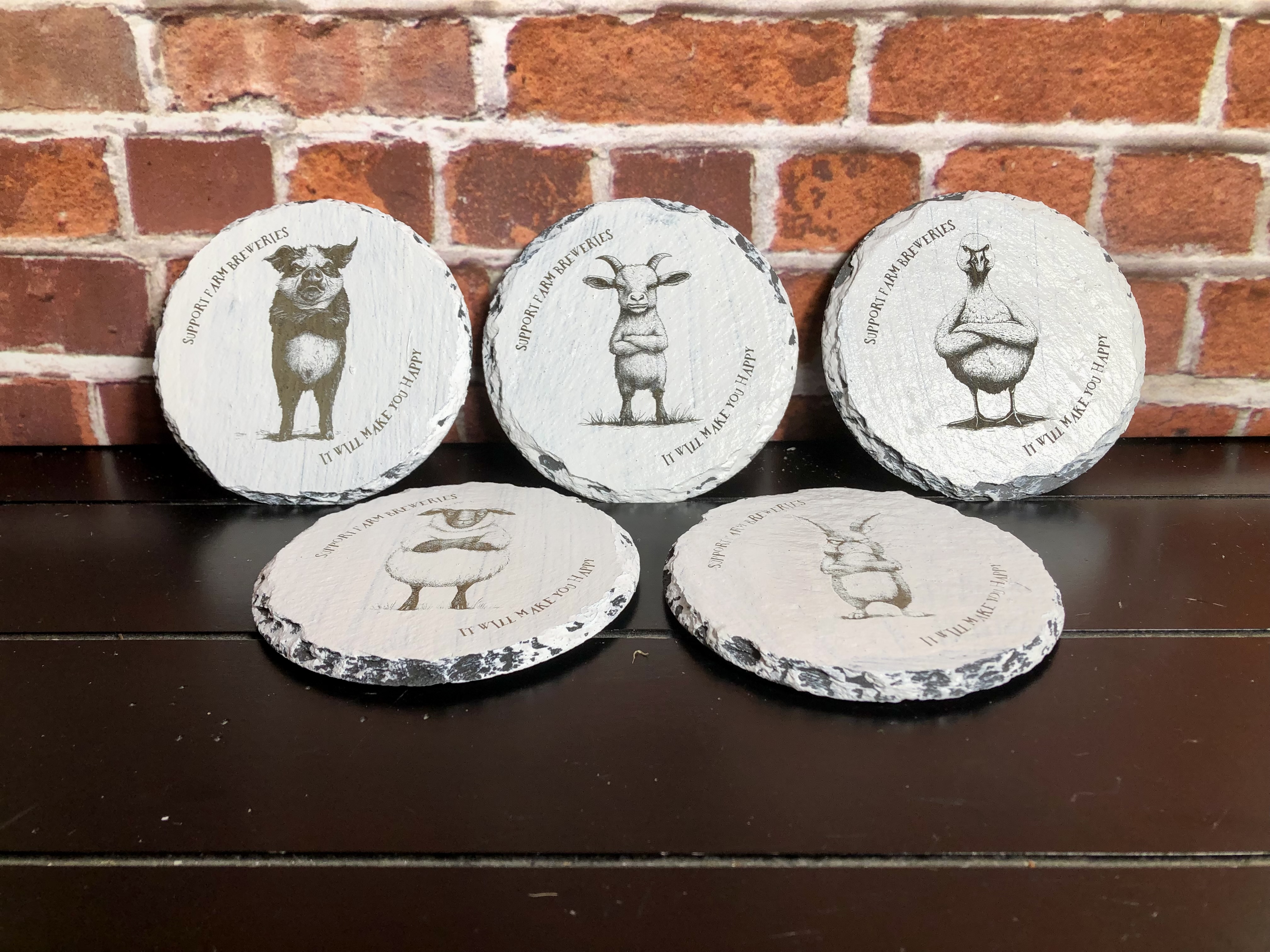 GRUMPY FARM ANIMALS COASTERS - Laser Etched Slate Coasters - Set of 5 - "SUPPORT FAM BREWERIES - IT WILL MAKE YOU HAPPY" 