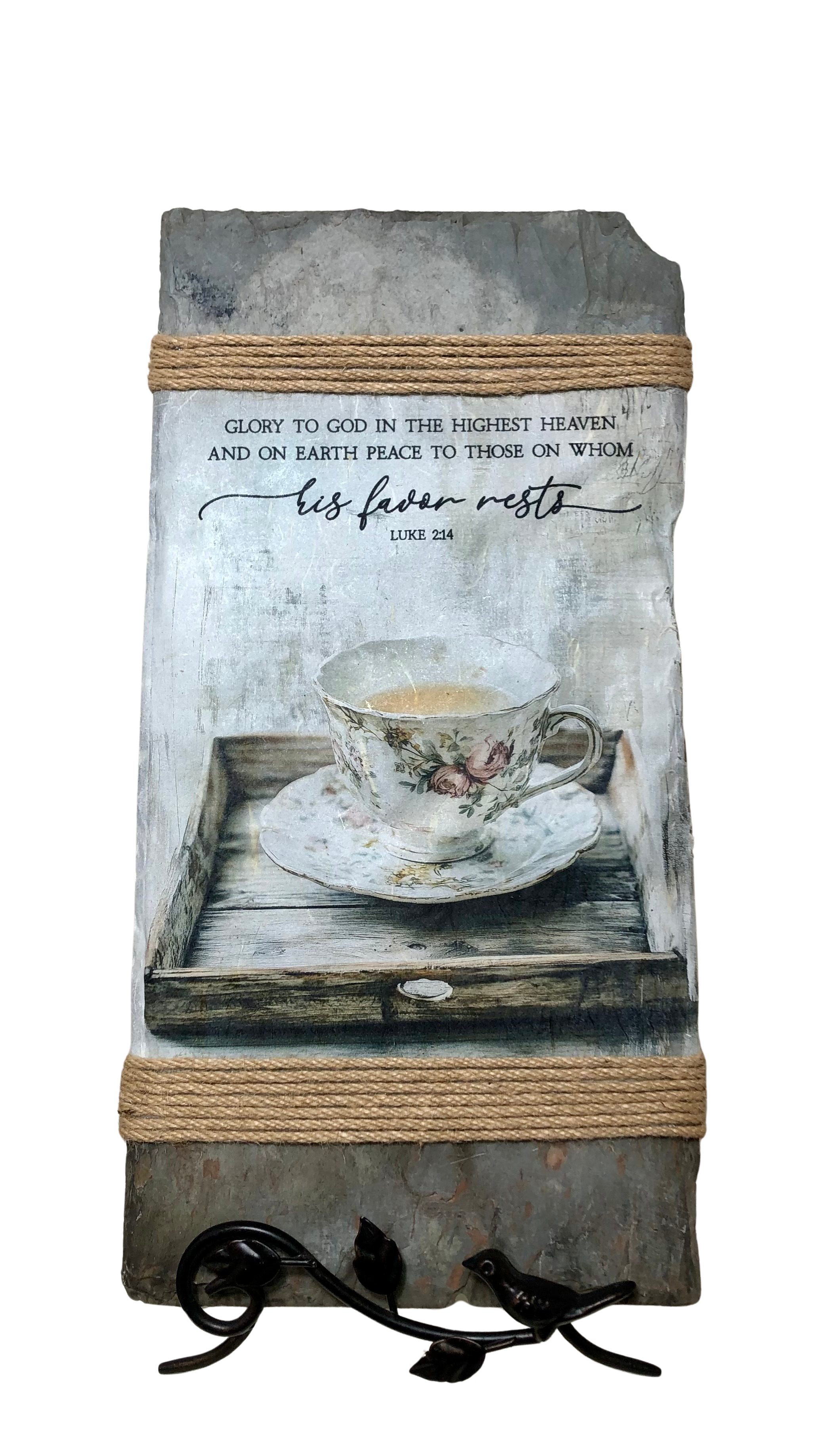 Handcrafted Slate Wall Decor, Luke 2:14, Farmhouse Teacup on Tray, 8x16 inches