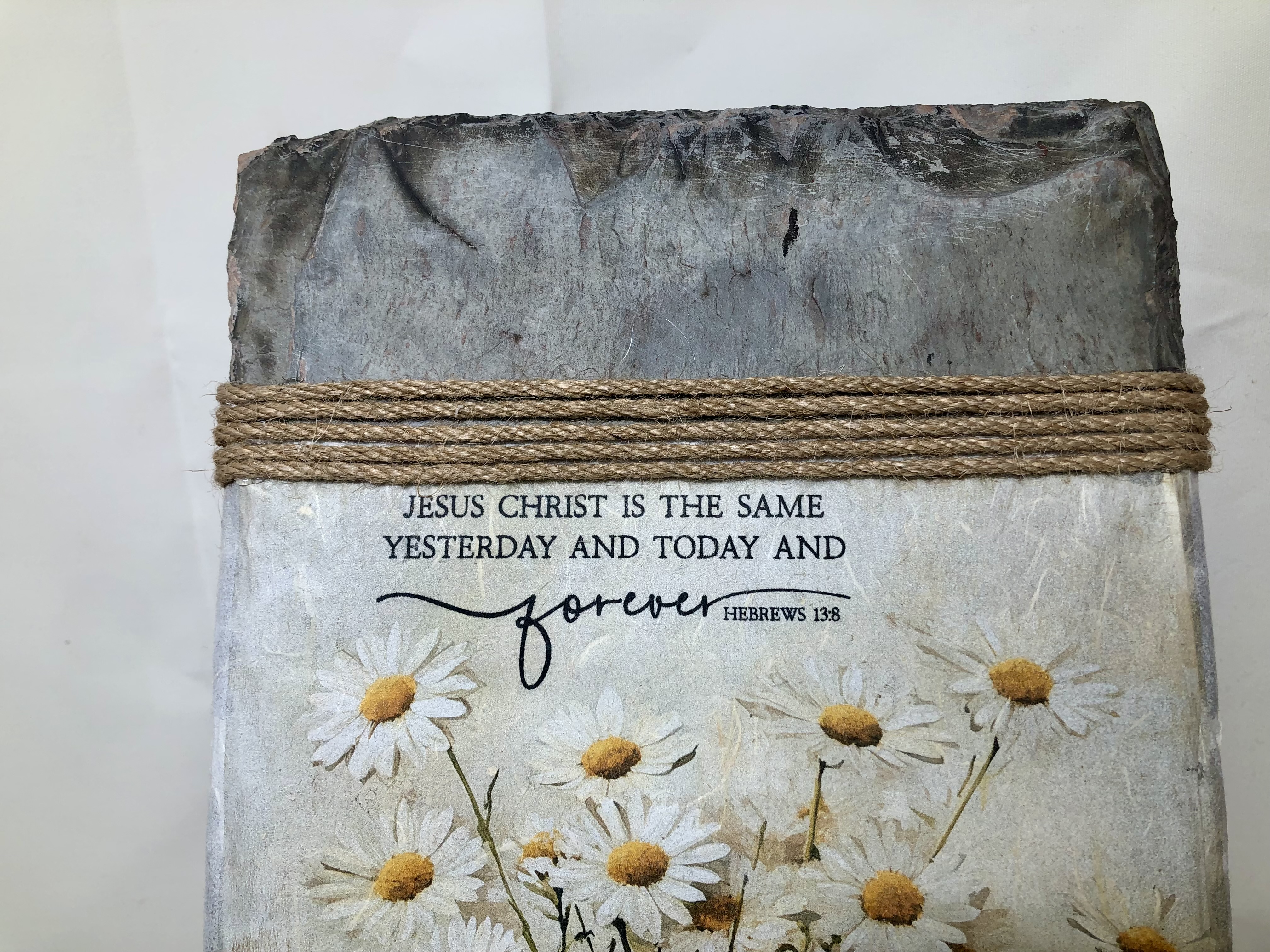 Handcrafted Slate Wall Decor, Hebrews 13:8, Farmhouse Daisies, 8x16 inches