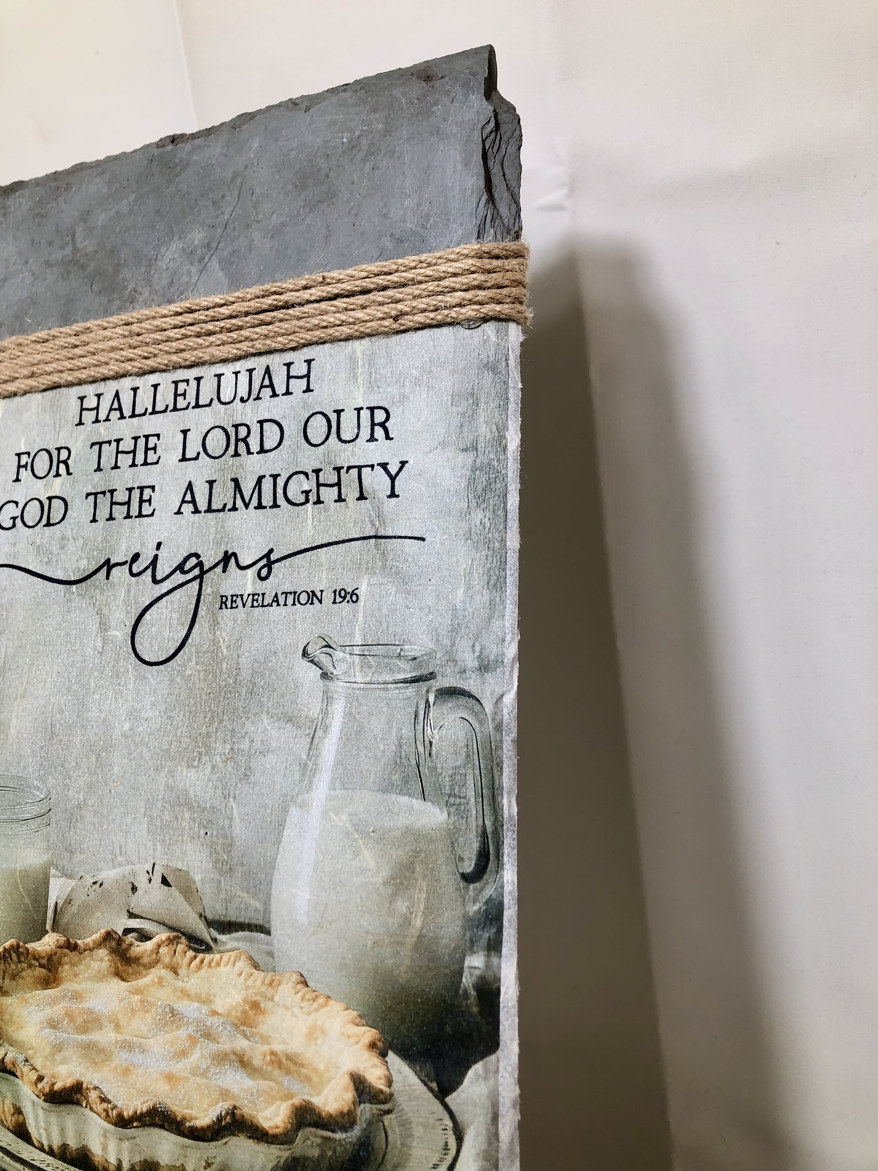 Rustic Slate Wall Decor, Revelation 19:6, Country Pie and Milk Pitcher, 8x16 inches