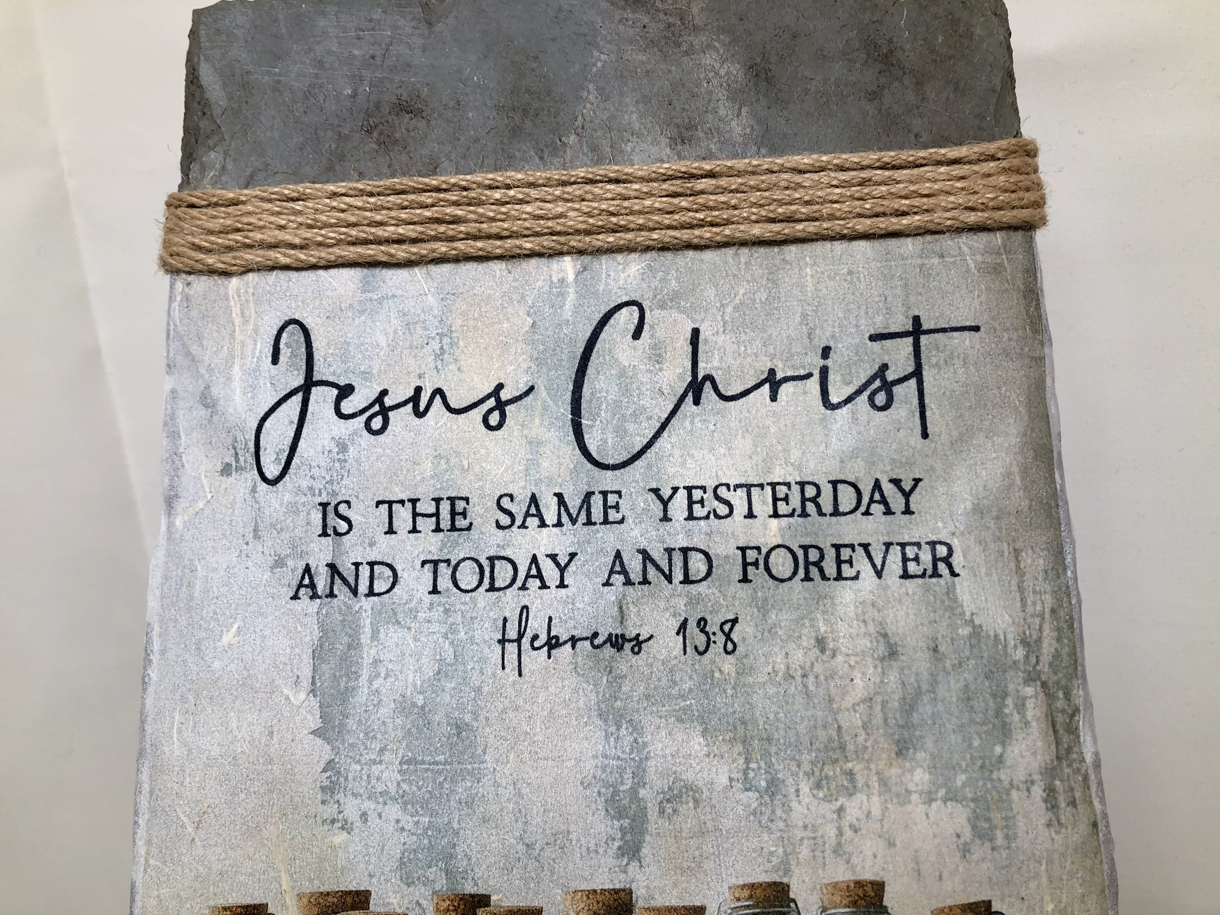 Handcrafted Slate Wall Decor, Hebrews 13:8, Country Milk Bottles in Crate, 8X16 inches