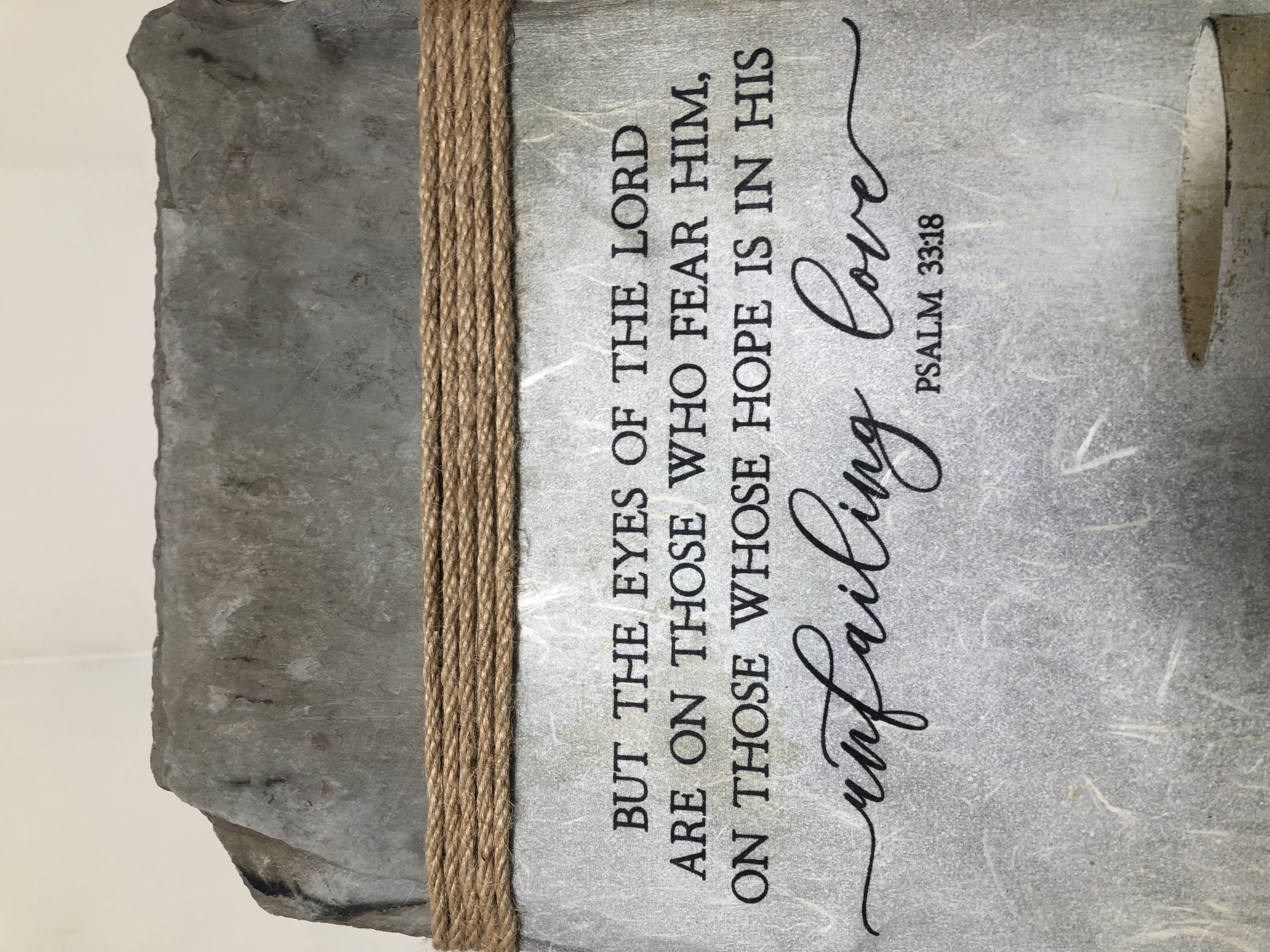 Handcrafted Slate Wall Decor, Psalm 33:18, Antique White Metal Pail, 8x16 inches