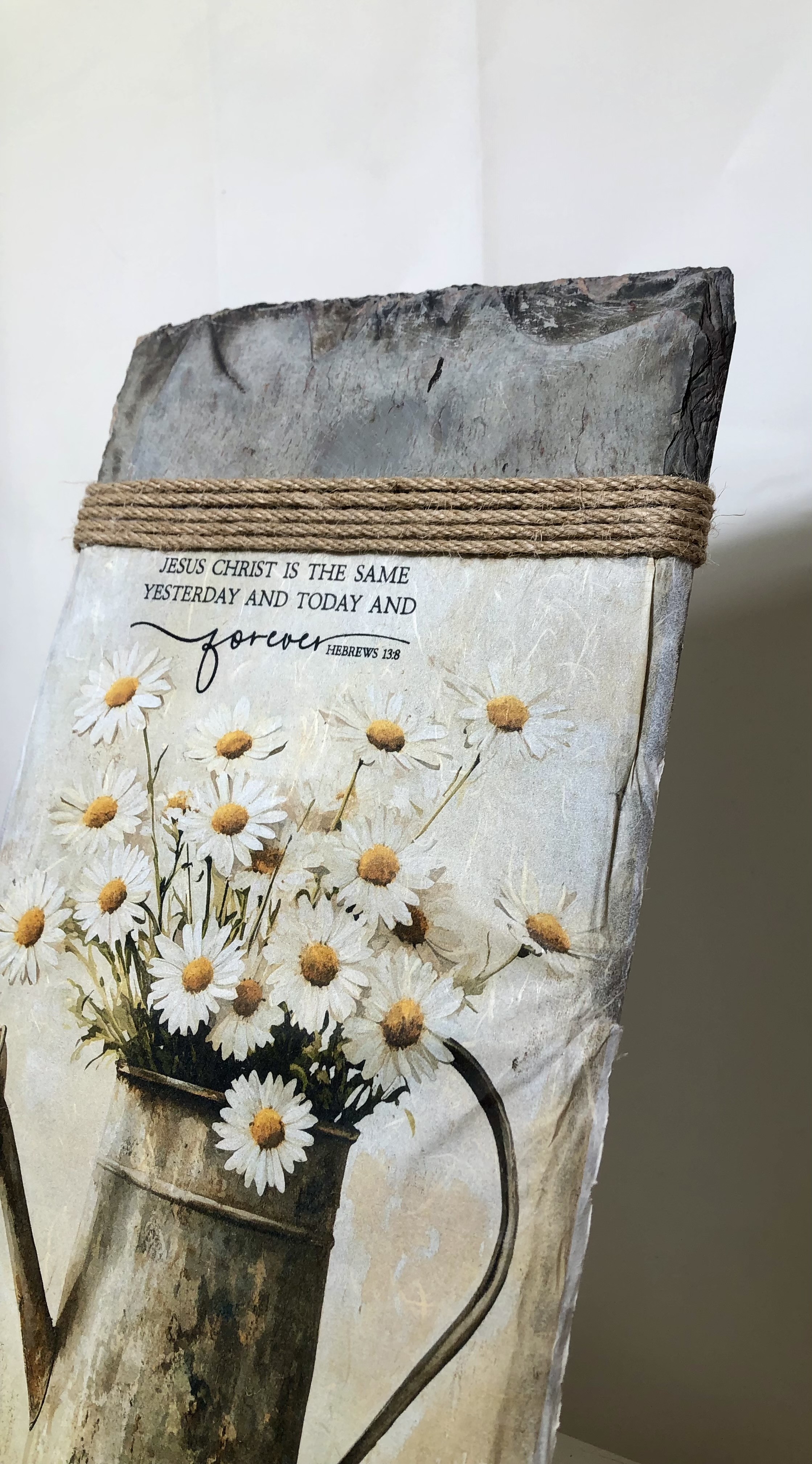 Handcrafted Slate Wall Decor, Hebrews 13:8, Farmhouse Daisies, 8x16 inches