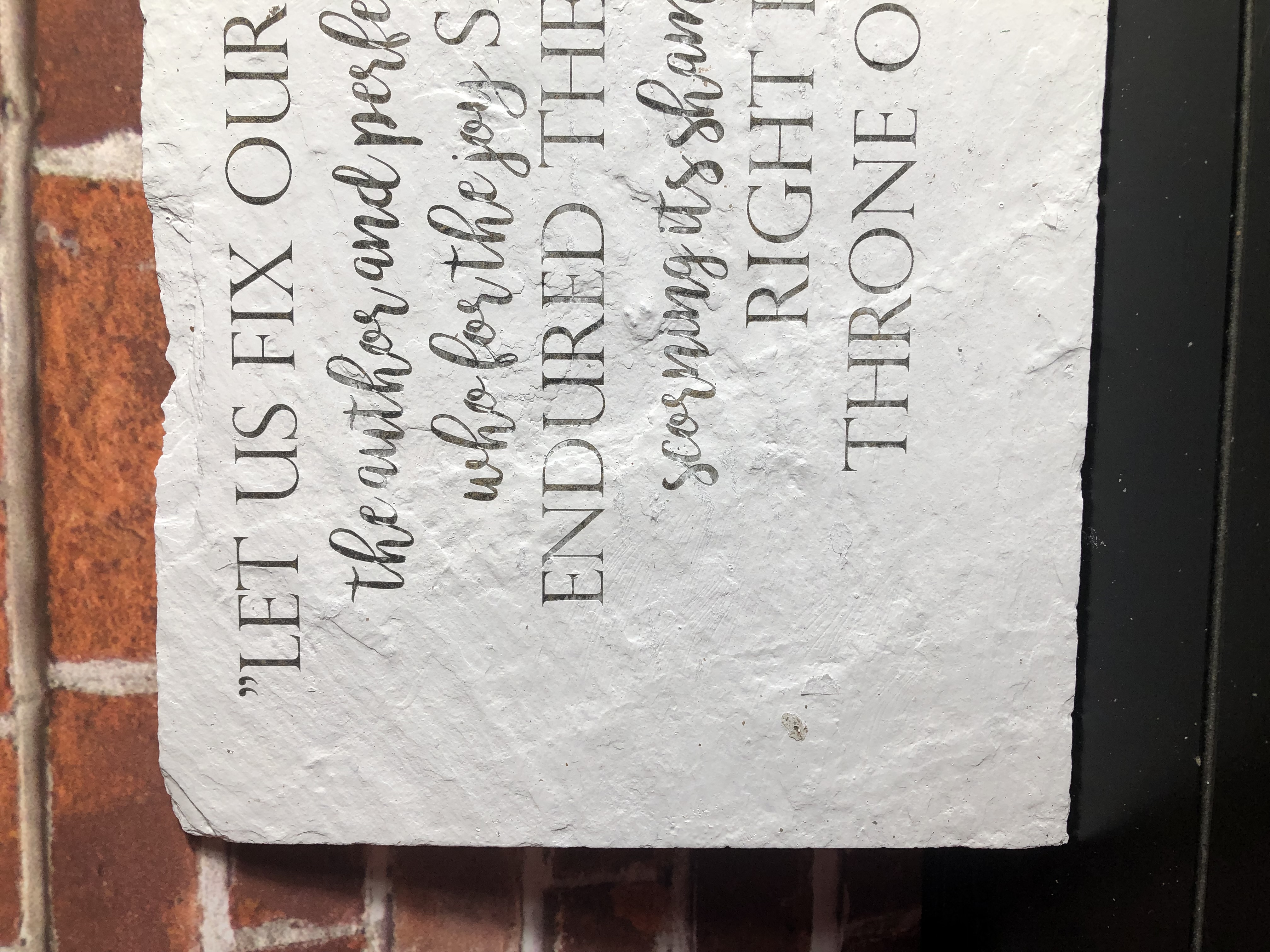 Biblical Slate Sign - Hebrews 12:2- Laser Etched Reclaimed Slate Roof Tile - Handmade