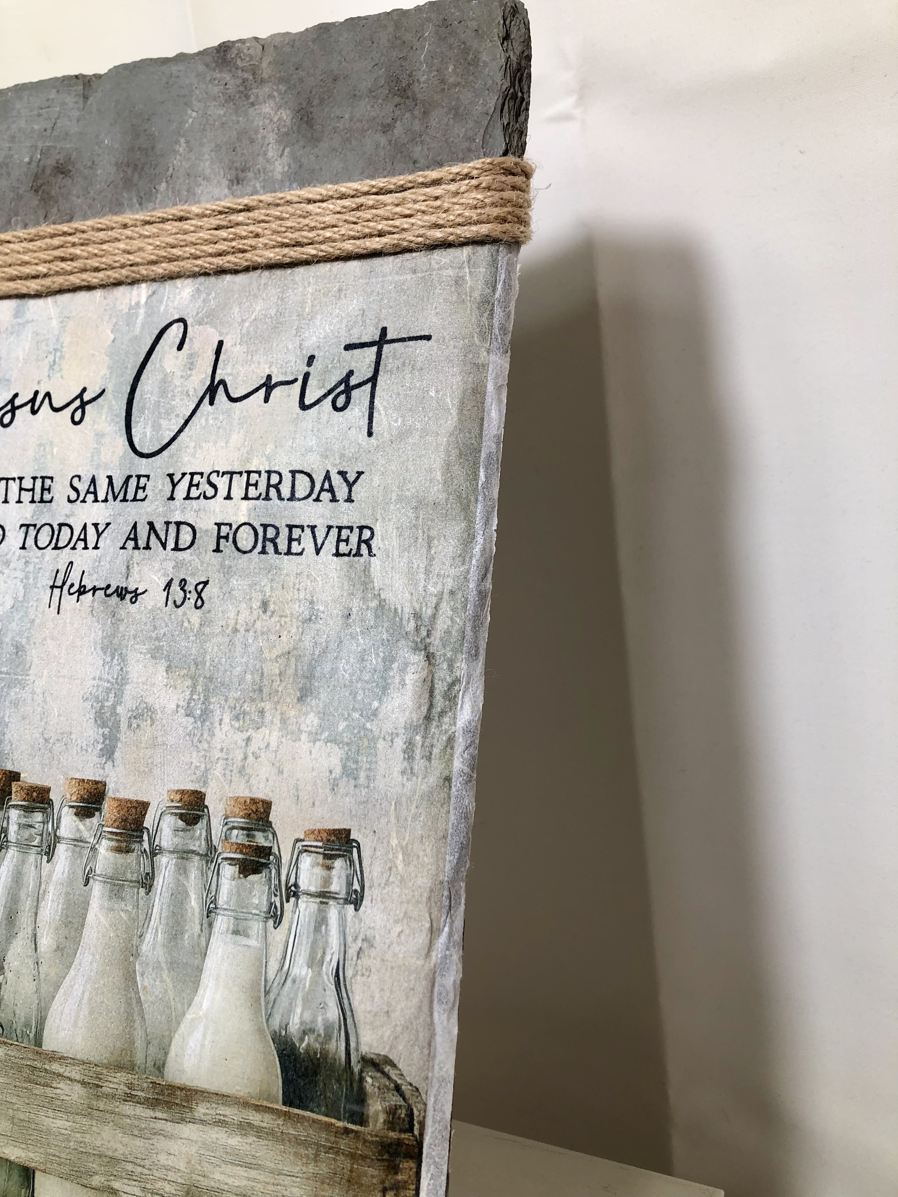 Handcrafted Slate Wall Decor, Hebrews 13:8, Country Milk Bottles in Crate, 8X16 inches