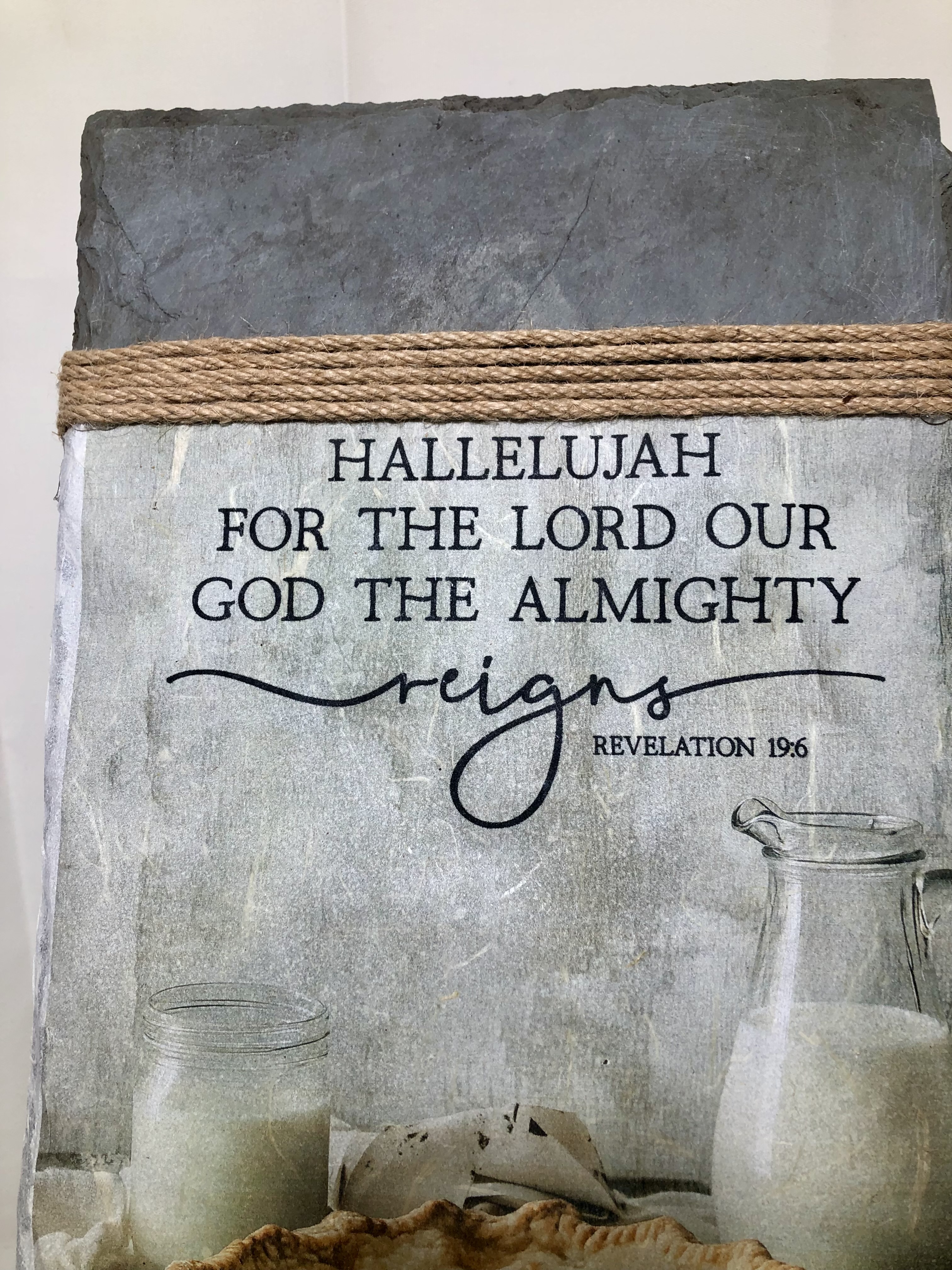 Rustic Slate Wall Decor, Revelation 19:6, Country Pie and Milk Pitcher, 8x16 inches