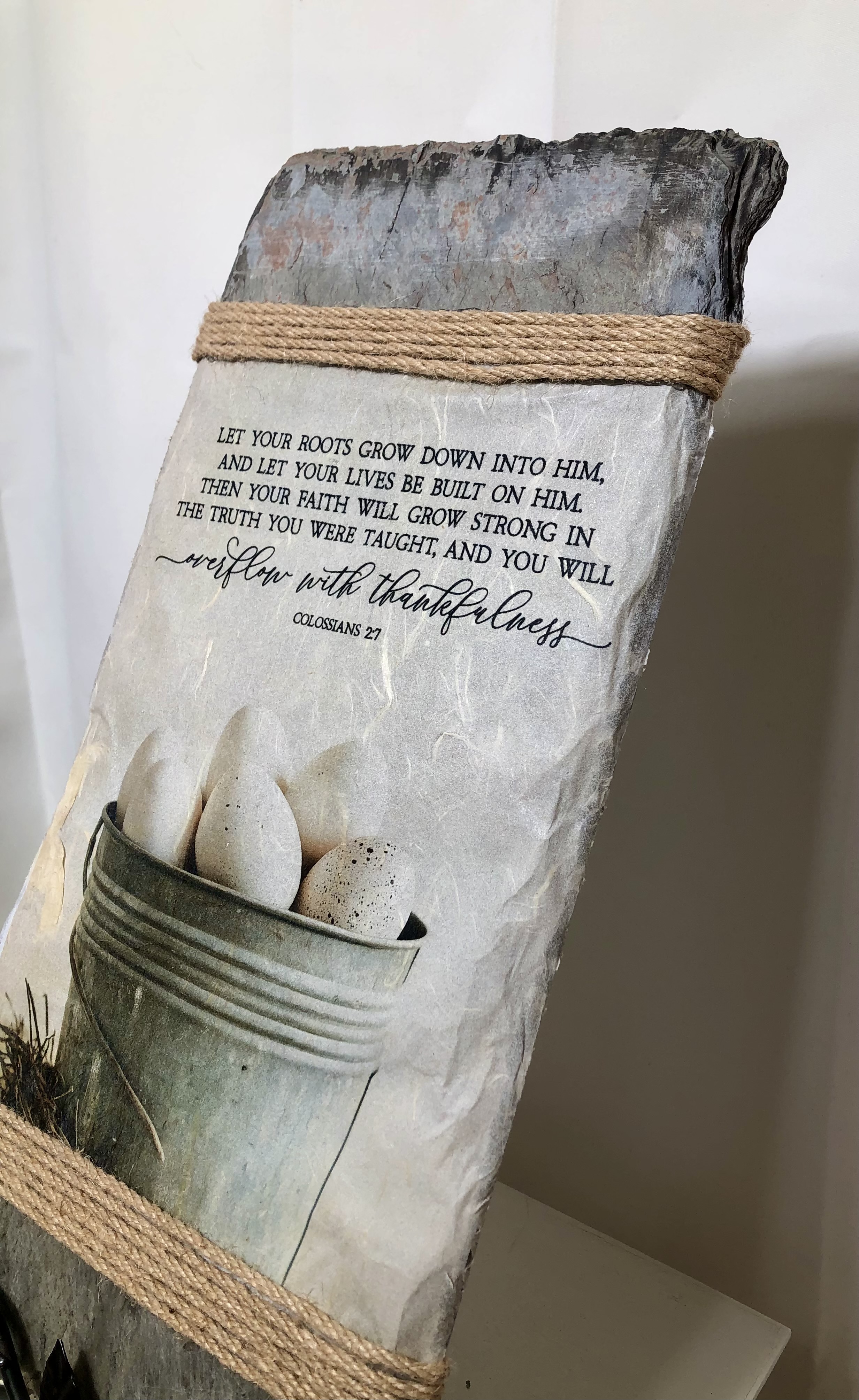 Handcrafted Slate Wall Decor, Colossians 2:7, Country Pail and Eggs, 8x16 inches