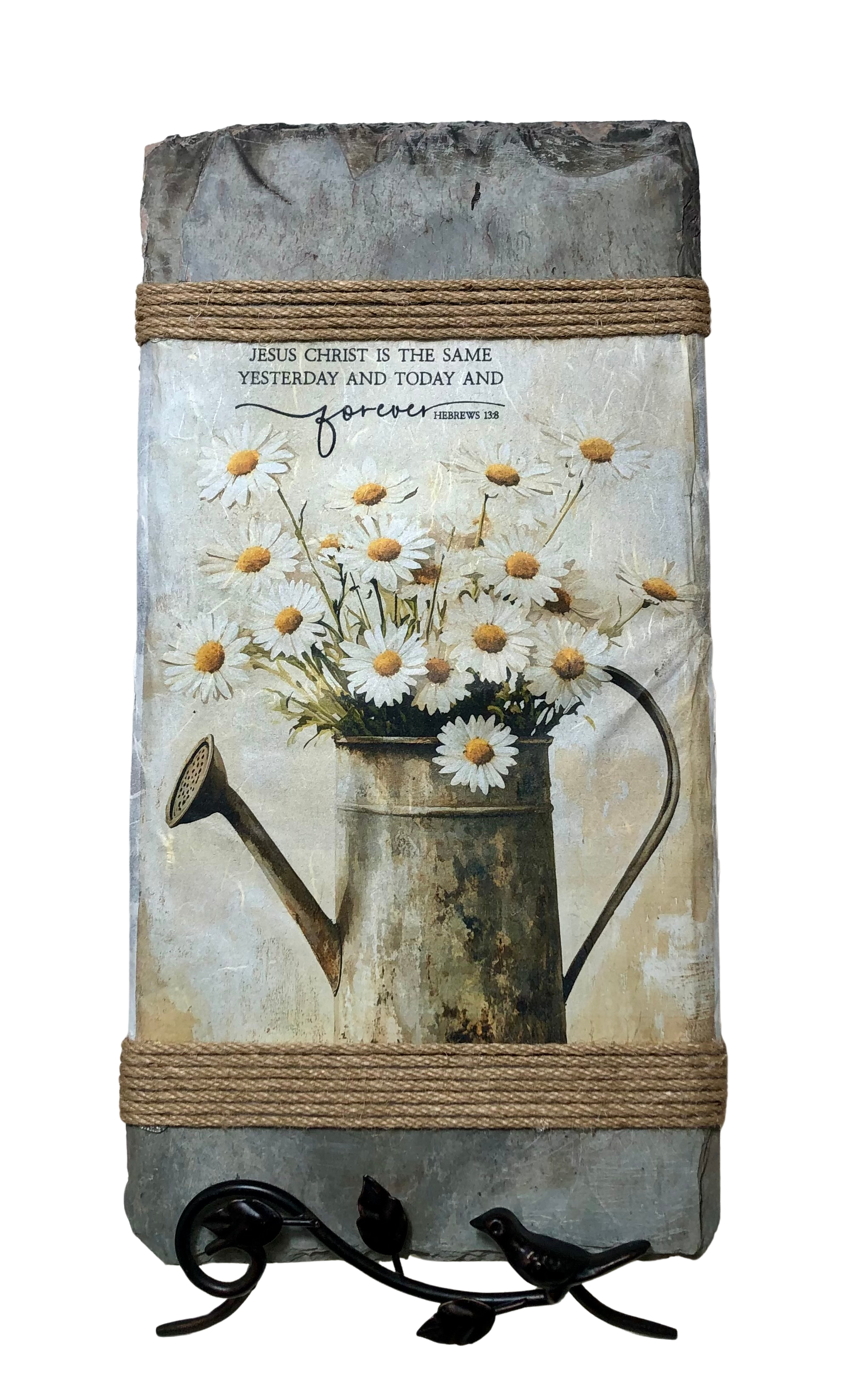 Handcrafted Slate Wall Decor, Hebrews 13:8, Farmhouse Daisies, 8x16 inches