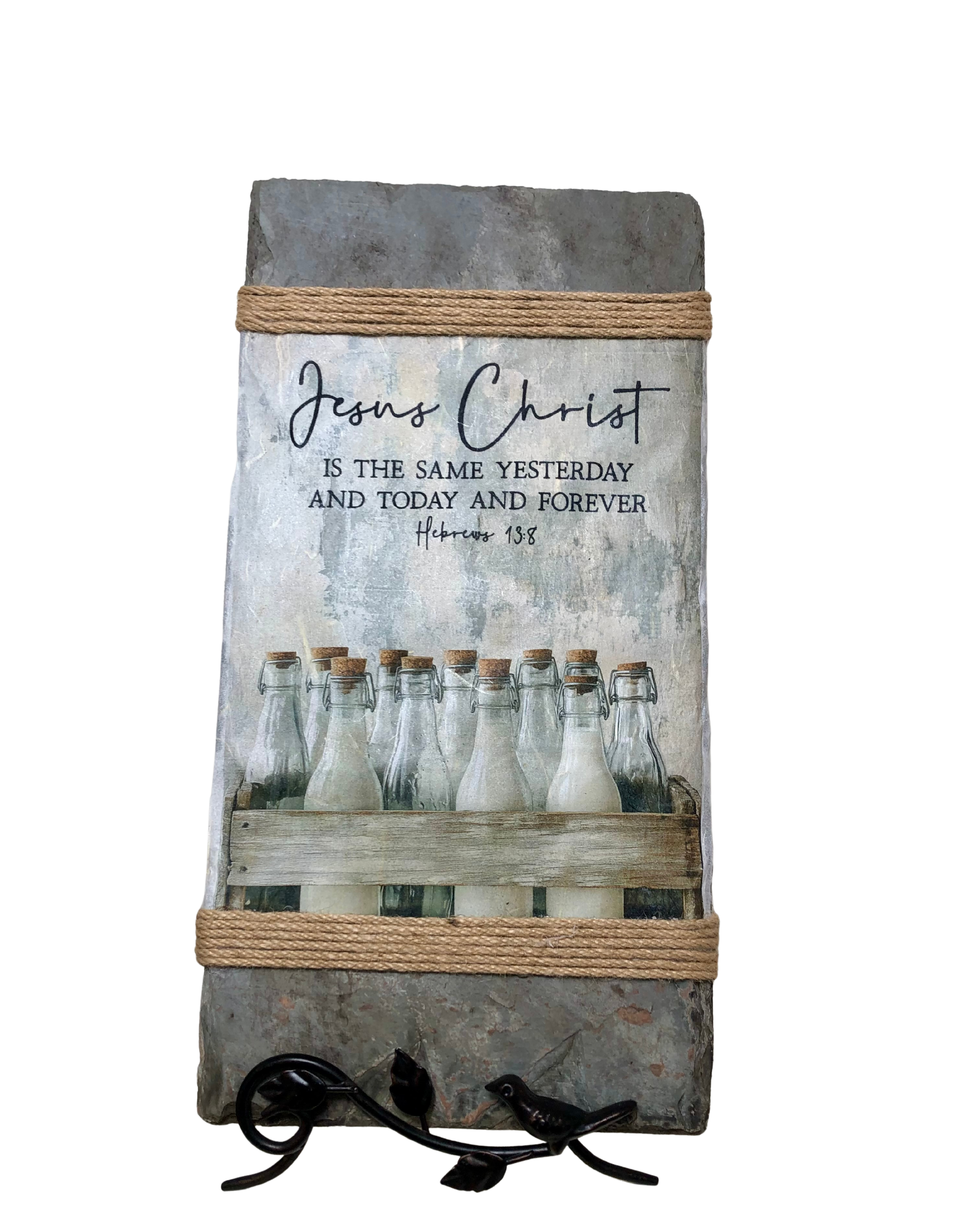 Handcrafted Slate Wall Decor, Hebrews 13:8, Country Milk Bottles in Crate, 8X16 inches