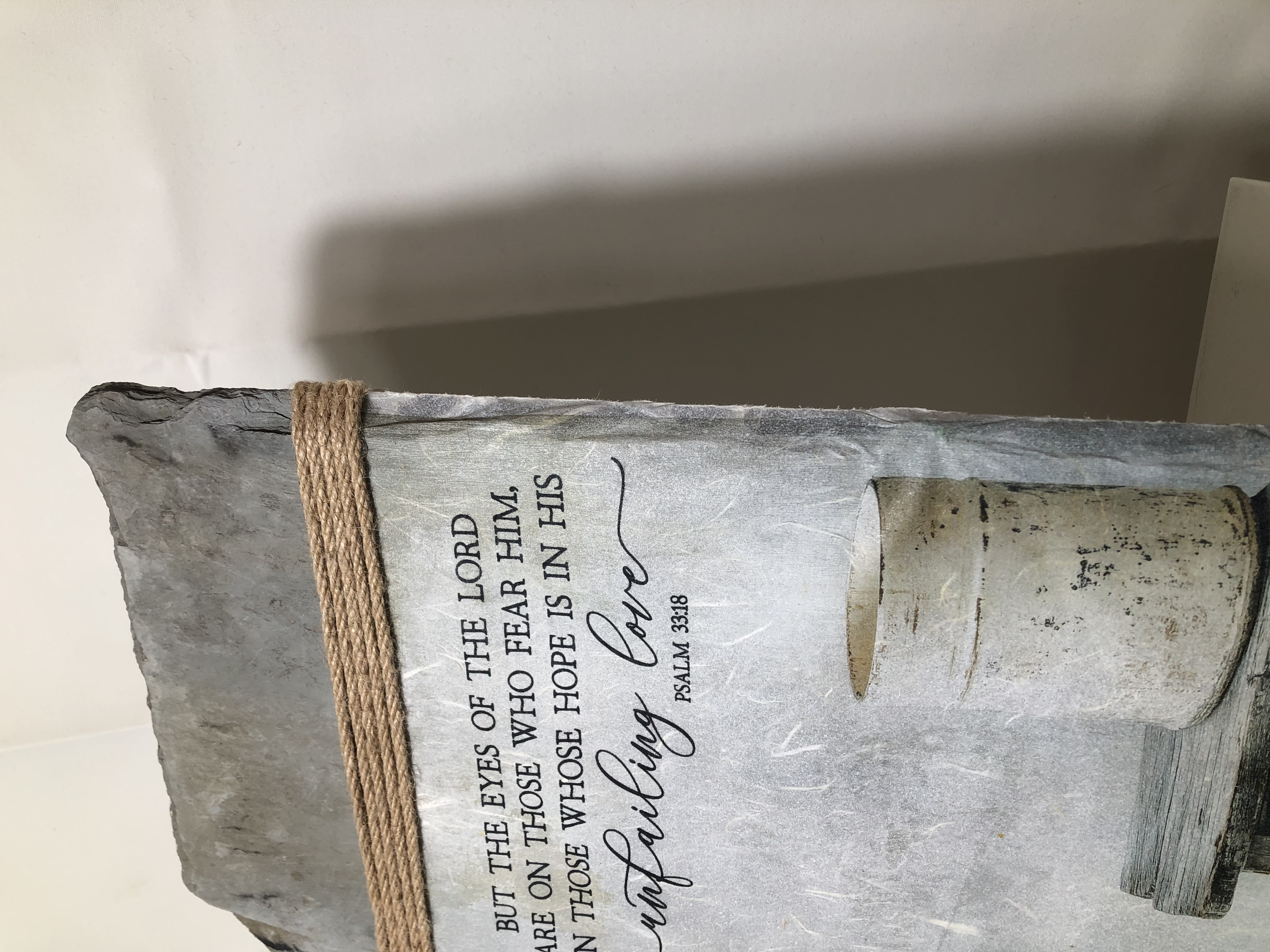 Handcrafted Slate Wall Decor, Psalm 33:18, Antique White Metal Pail, 8x16 inches