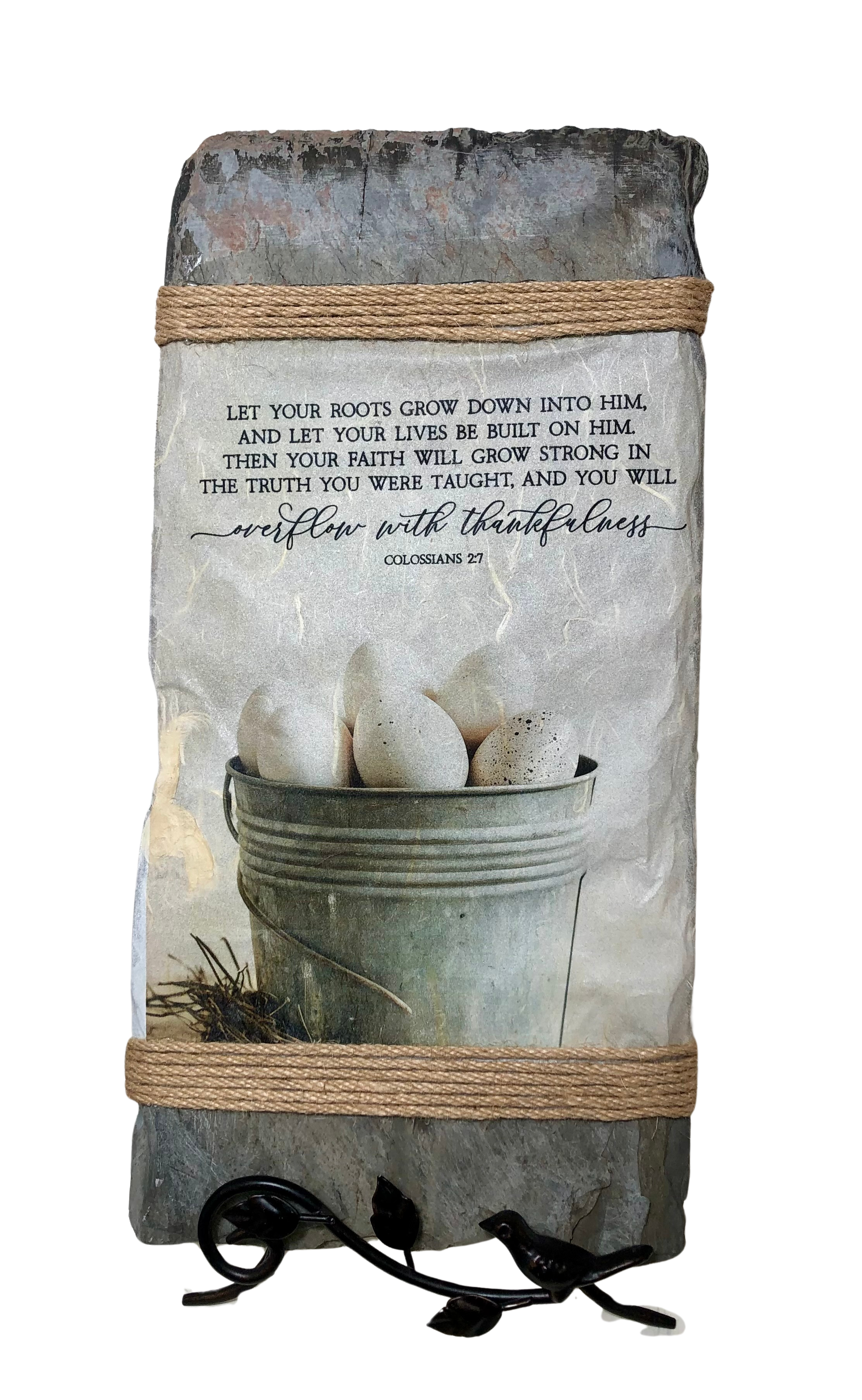 Handcrafted Slate Wall Decor, Colossians 2:7, Country Pail and Eggs, 8x16 inches