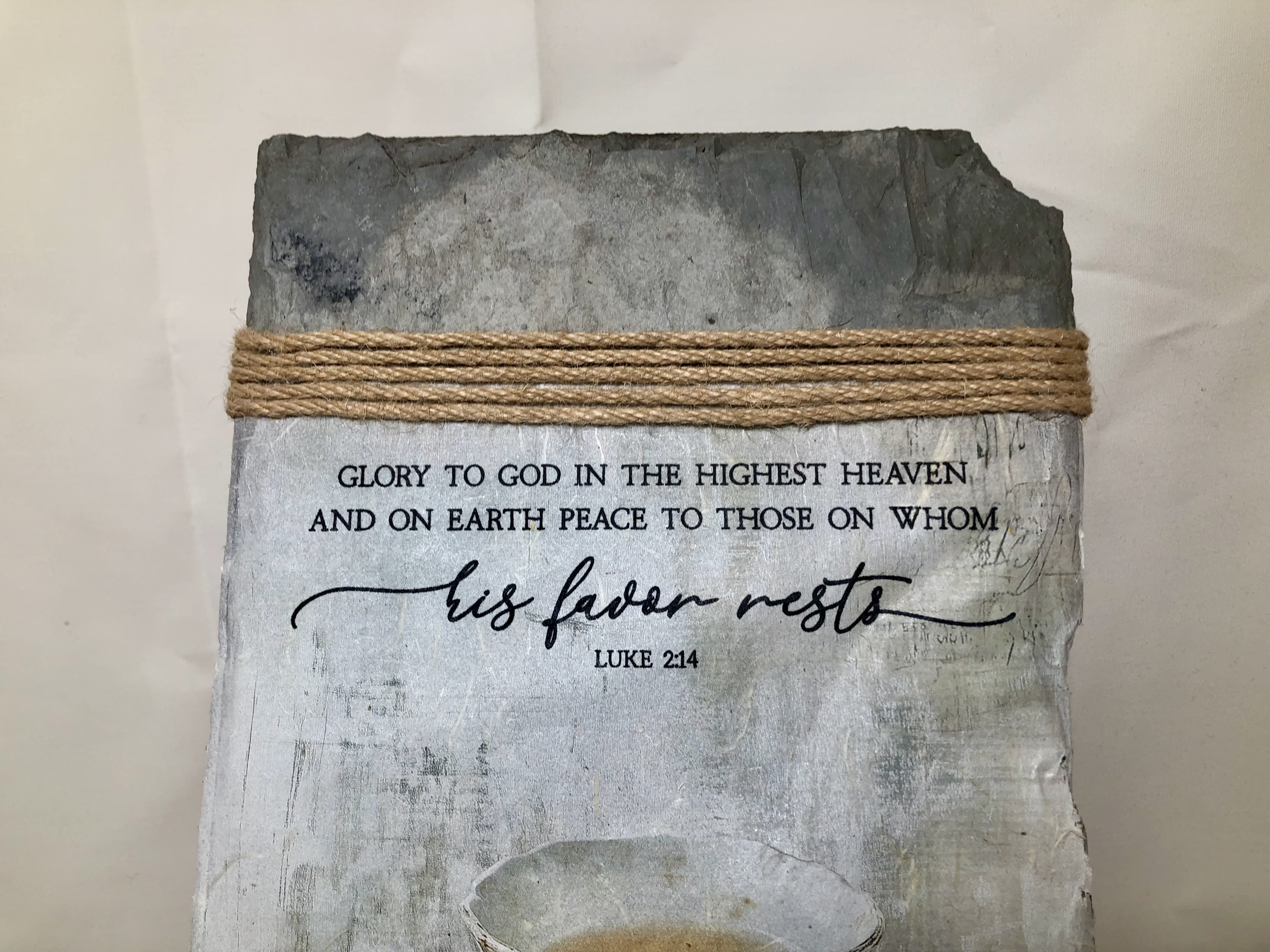 Handcrafted Slate Wall Decor, Luke 2:14, Farmhouse Teacup on Tray, 8x16 inches