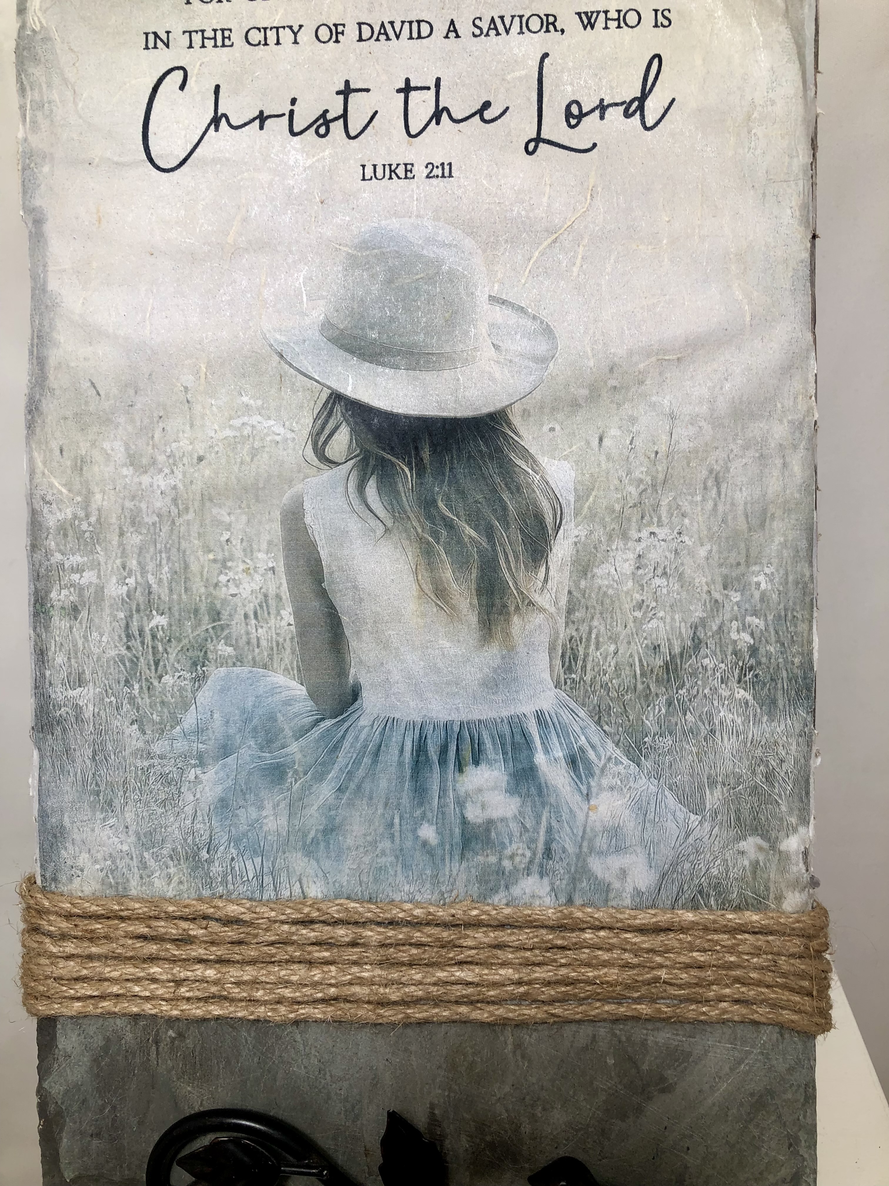 Handcrafted Slate Wall Decor, Luke 2:11, Country Girl in Field, 8 x 16 inches