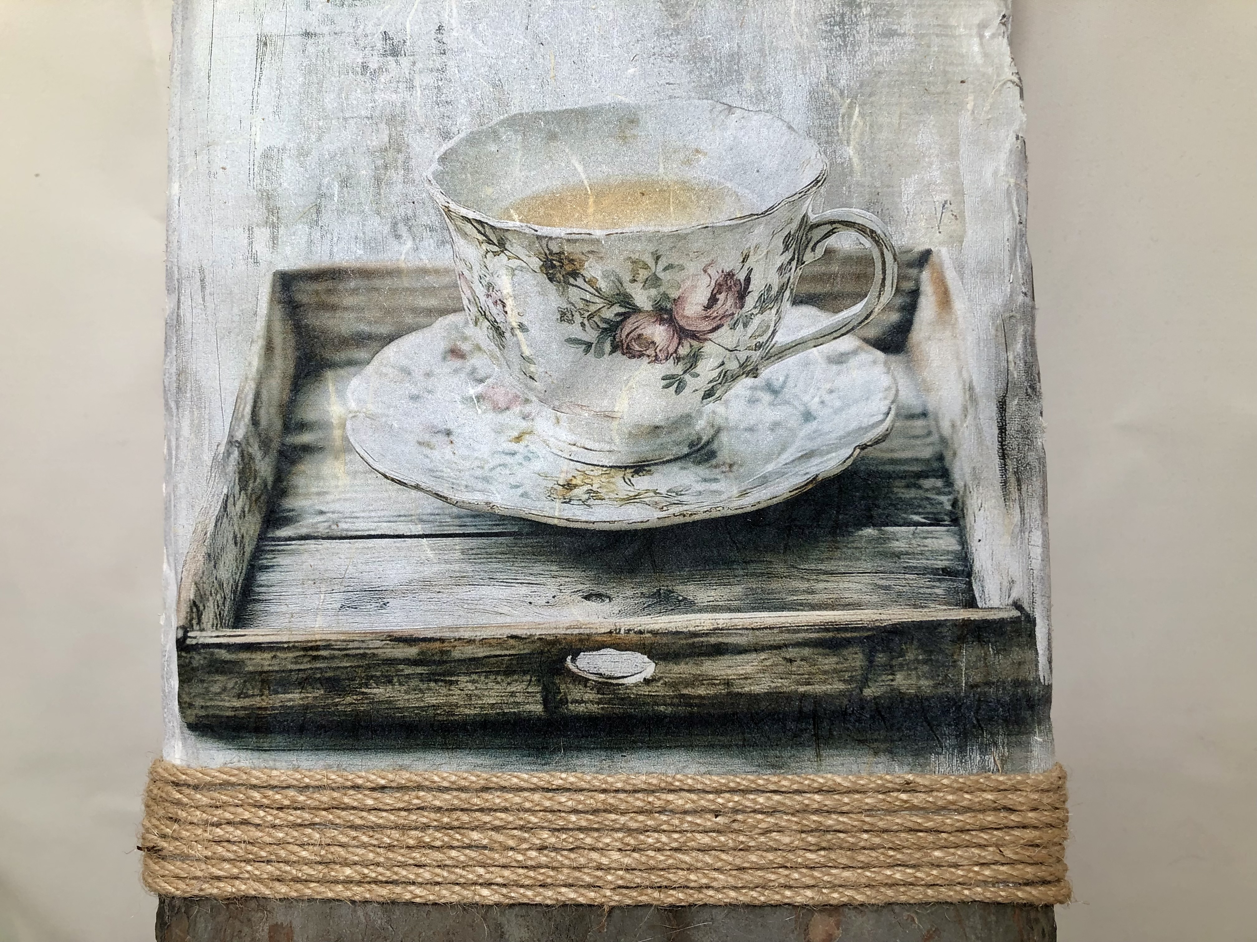 Handcrafted Slate Wall Decor, Luke 2:14, Farmhouse Teacup on Tray, 8x16 inches