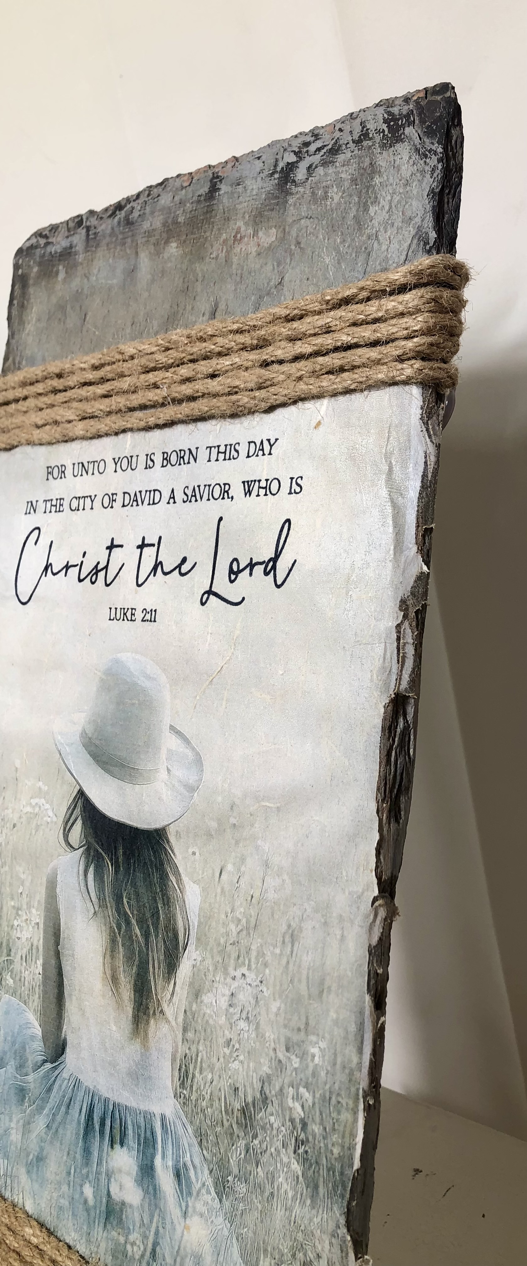 Handcrafted Slate Wall Decor, Luke 2:11, Country Girl in Field, 8 x 16 inches