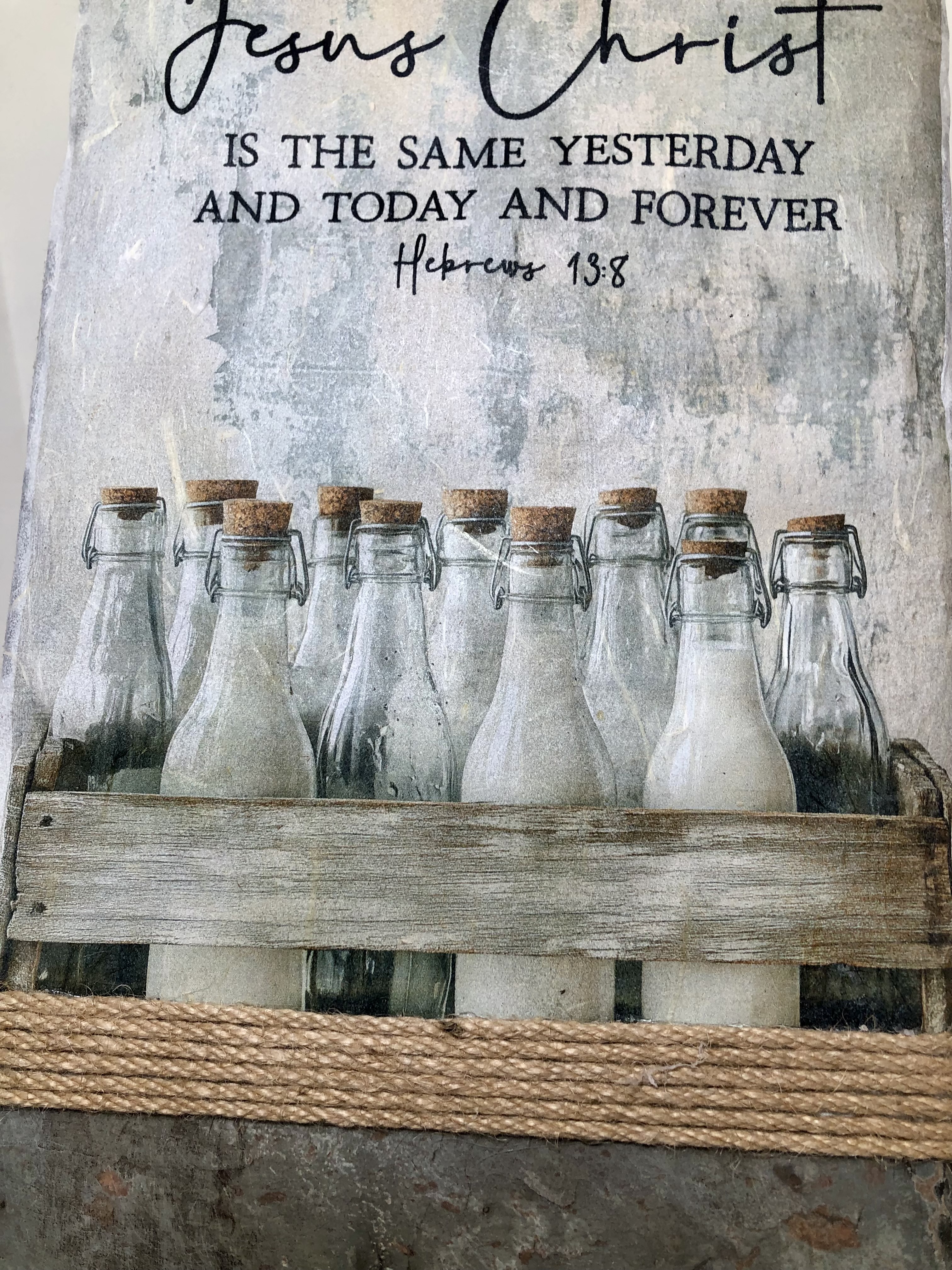 Handcrafted Slate Wall Decor, Hebrews 13:8, Country Milk Bottles in Crate, 8X16 inches