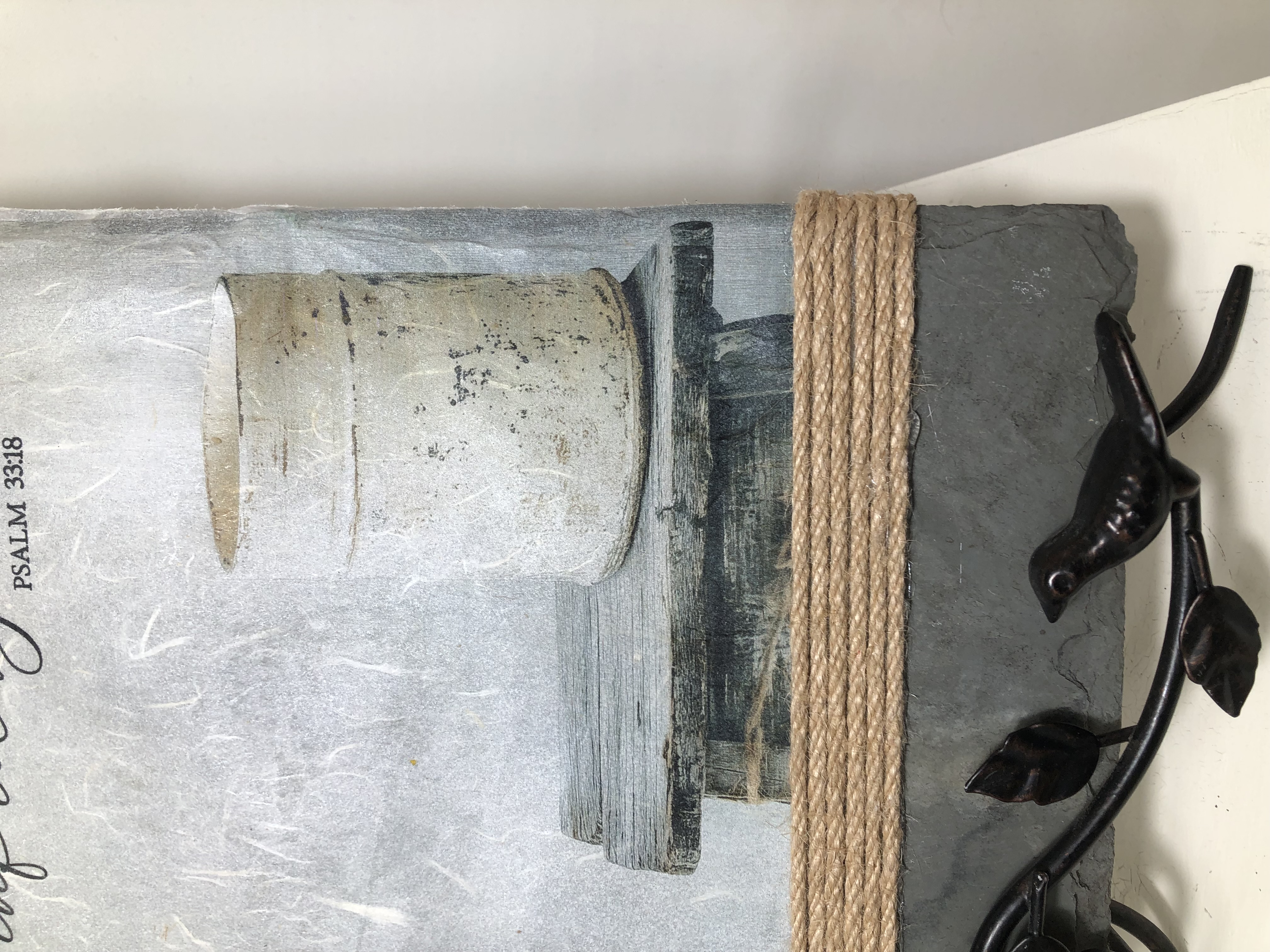 Handcrafted Slate Wall Decor, Psalm 33:18, Antique White Metal Pail, 8x16 inches