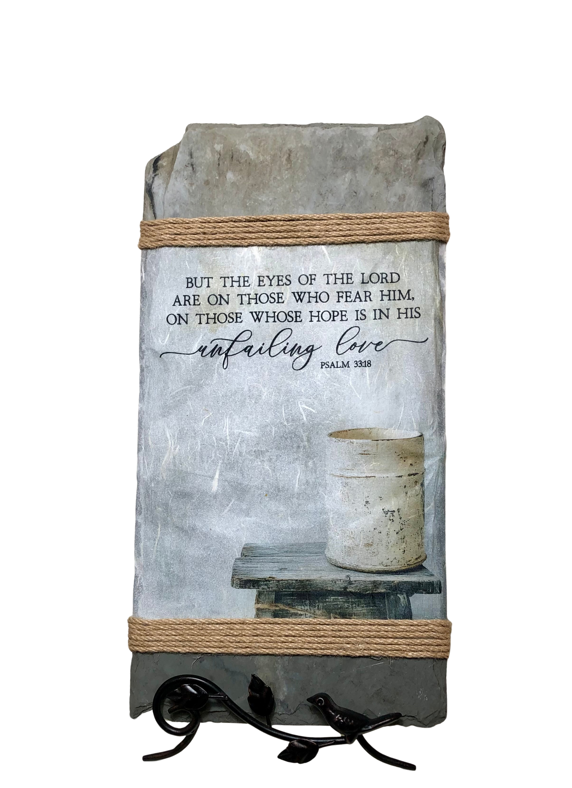 Handcrafted Slate Wall Decor, Psalm 33:18, Antique White Metal Pail, 8x16 inches