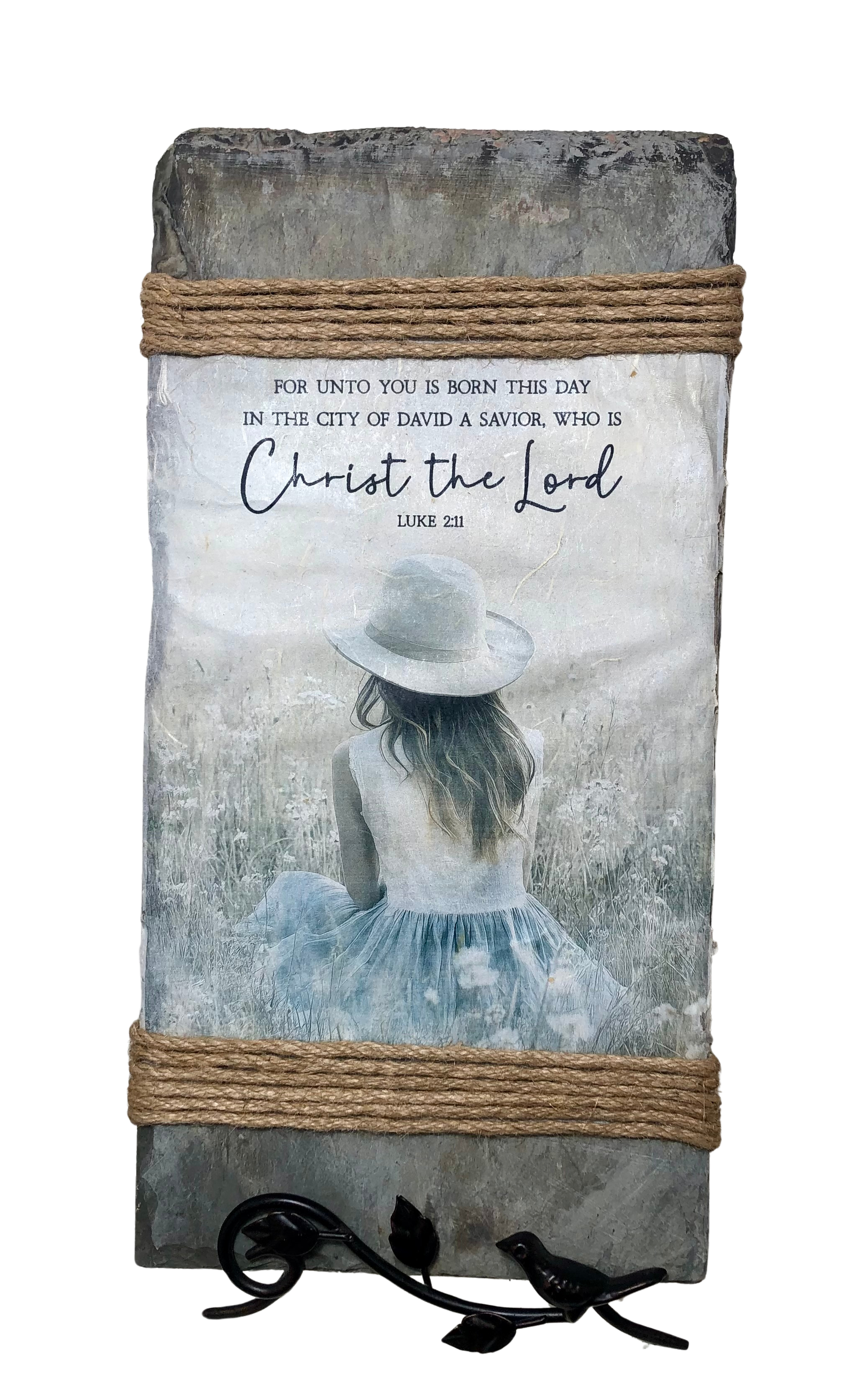 Handcrafted Slate Wall Decor, Luke 2:11, Country Girl in Field, 8 x 16 inches