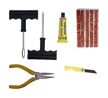 Portable Tubeless Tyre Puncture Repair Kit for All Types of Bike Tyre, Car Tyre, SUV, & Motorcycle, Scooty (with 1-Reamer, 1-Probe, 1-Rubber Glue, 5- Strips, 1-Nose Plier, 1-Cutter)