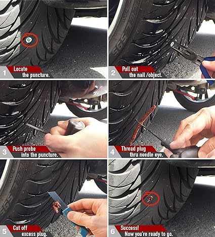 Portable Tubeless Tyre Puncture Repair Kit for All Types of Bike Tyre, Car Tyre, SUV, & Motorcycle, Scooty (with 1-Reamer, 1-Probe, 1-Rubber Glue, 5- Strips, 1-Nose Plier, 1-Cutter)