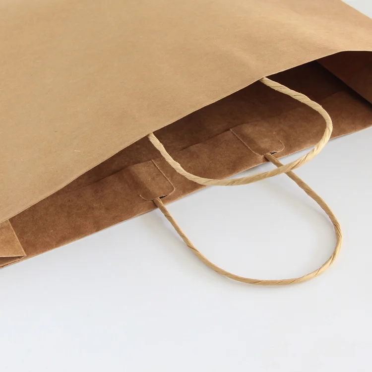 Factory Supply Eco-Friendly Greaseproof Recycled Paper Bag with Handle  Ribbon Handle for Fast Food Packaging Gift Shopping Use