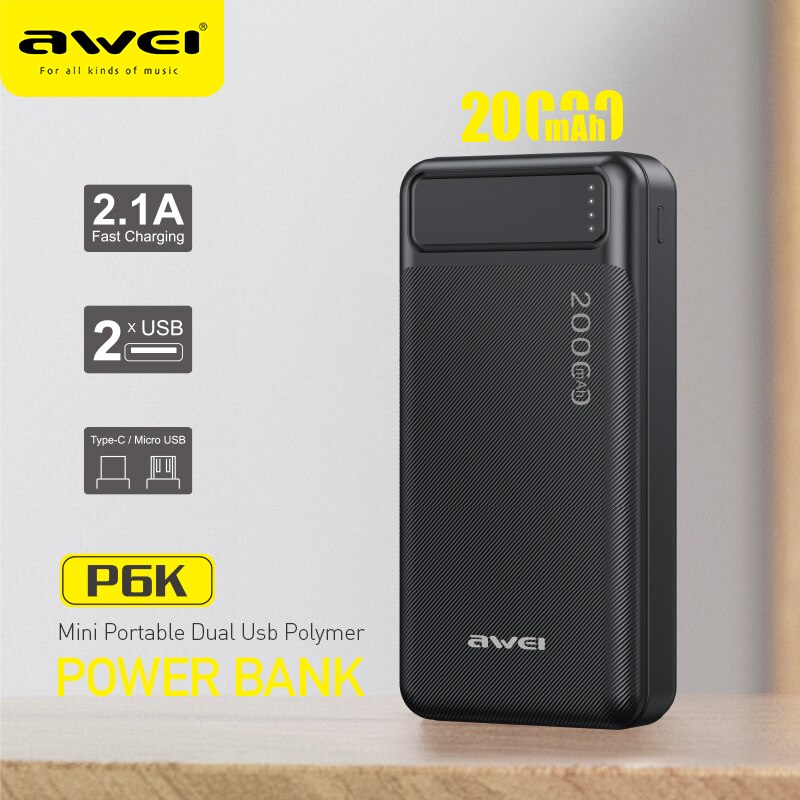 Awei 20000mAh P6K Mini Portable Dual USB Power Bank