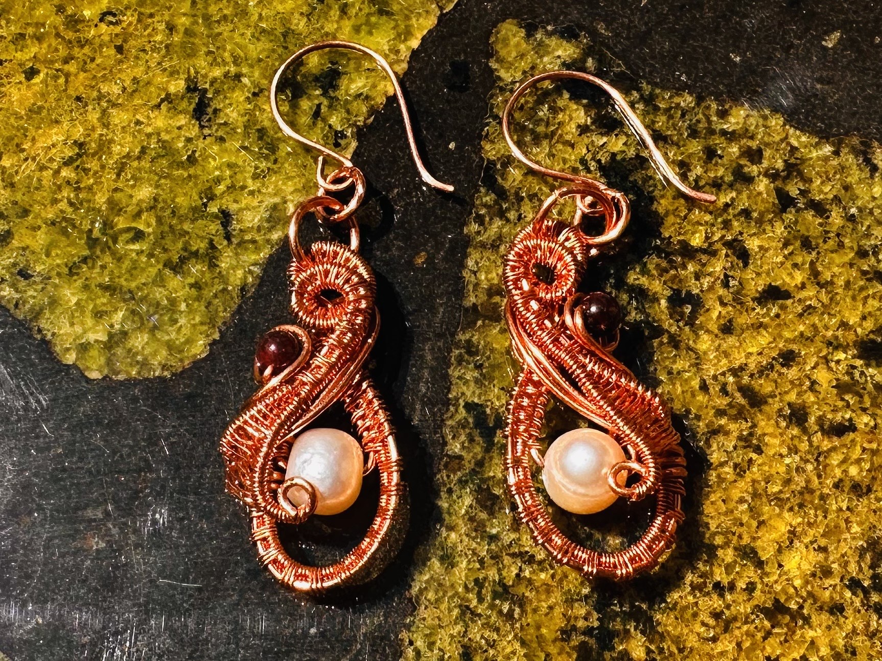 Pearl & Garnet Wire Woven Earrings