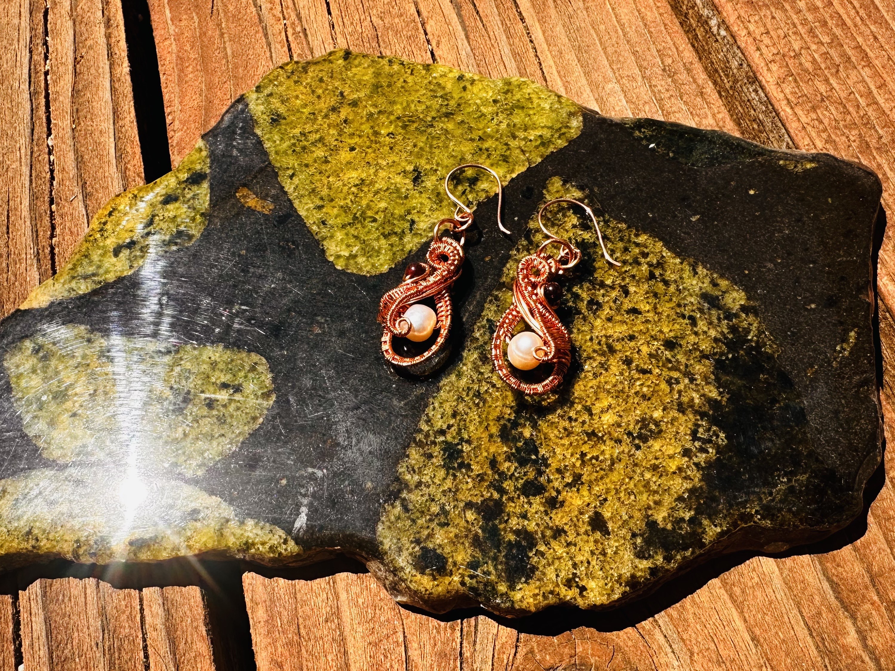 Pearl & Garnet Wire Woven Earrings