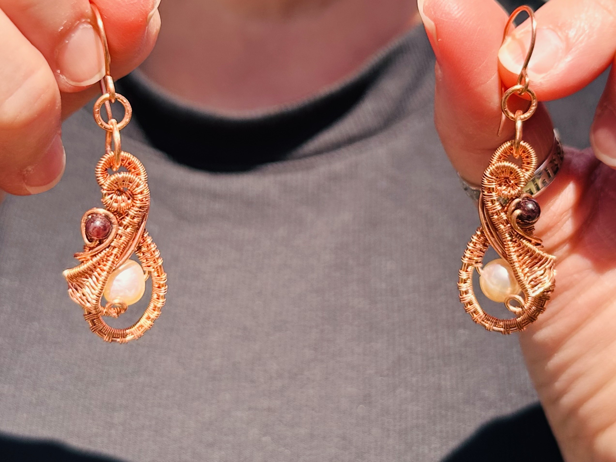 Pearl & Garnet Wire Woven Earrings