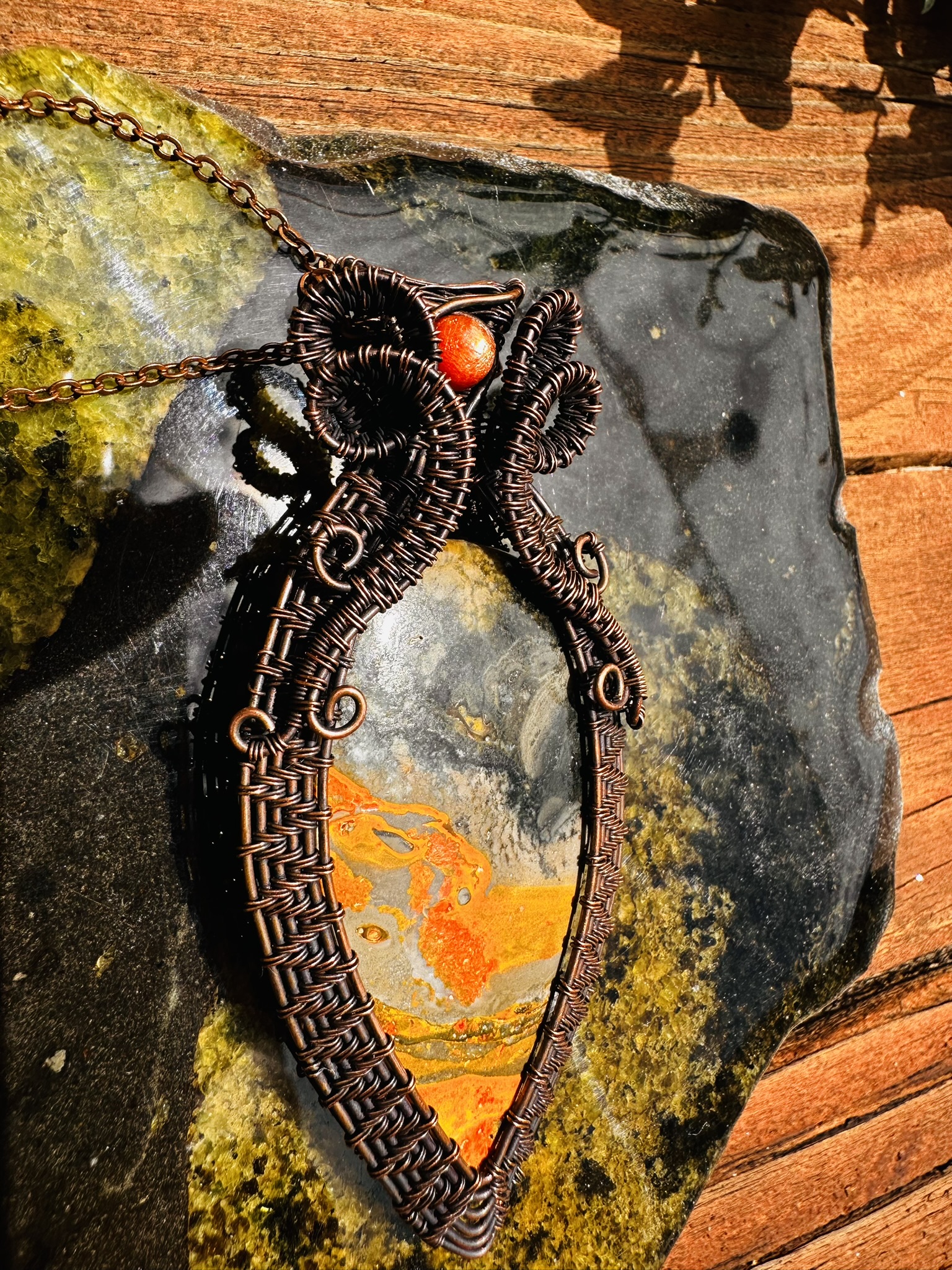 Bumblebee Jasper & Sunstone Copper Wire Statement Pendant