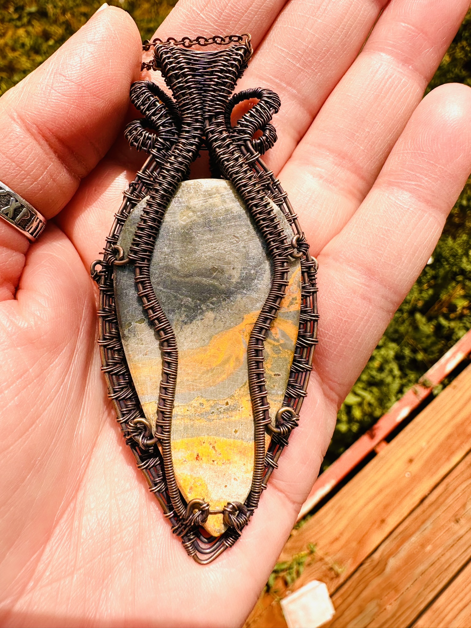 Bumblebee Jasper & Sunstone Copper Wire Statement Pendant