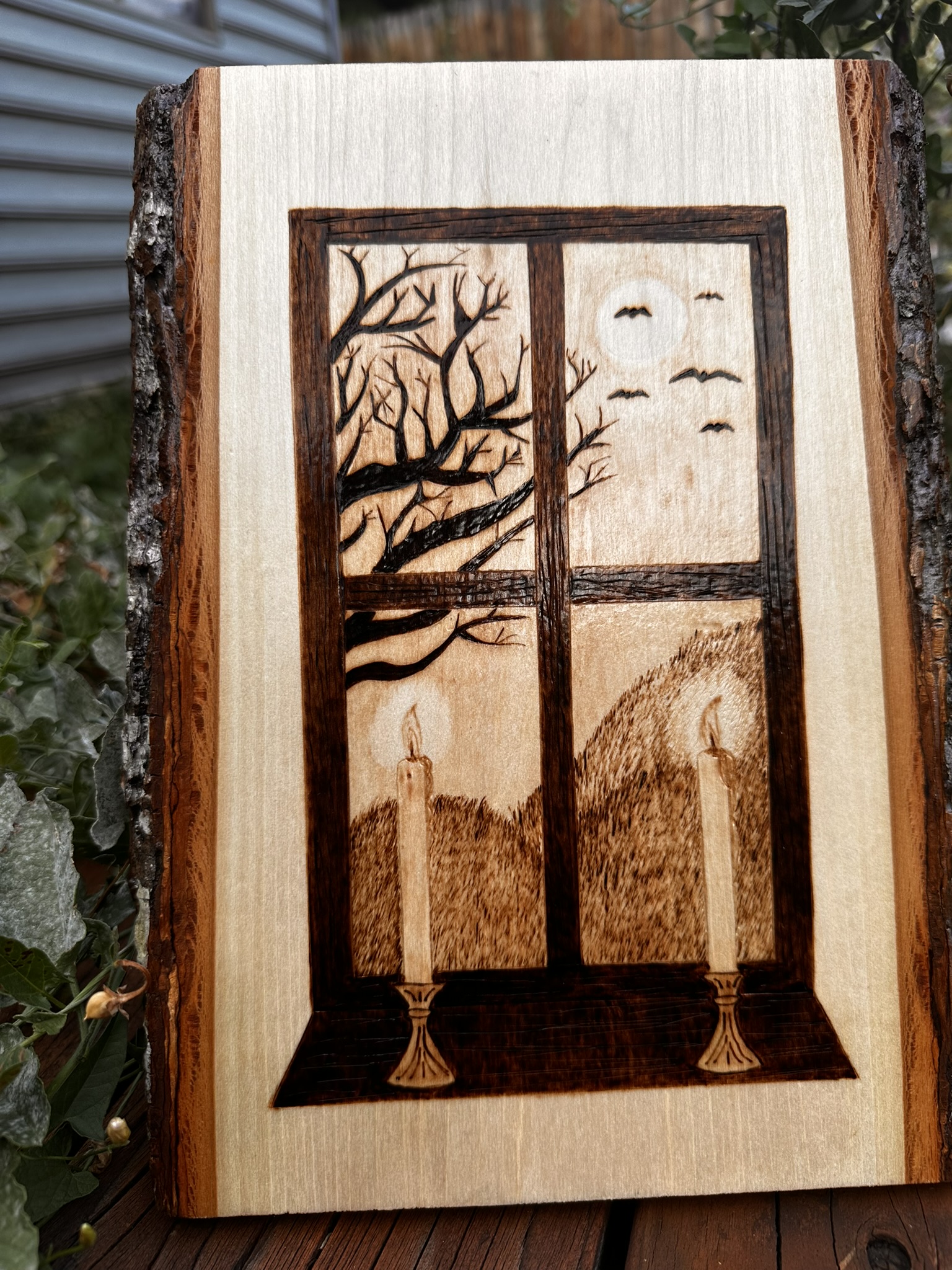 Candles & Shadows – Hand-Burned Fall Window Scene