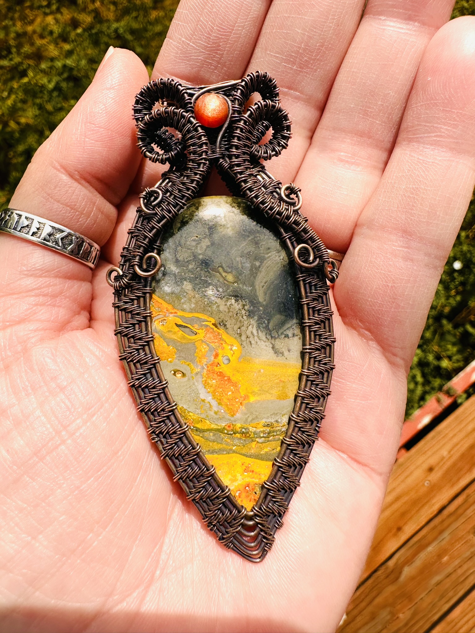 Bumblebee Jasper & Sunstone Copper Wire Statement Pendant