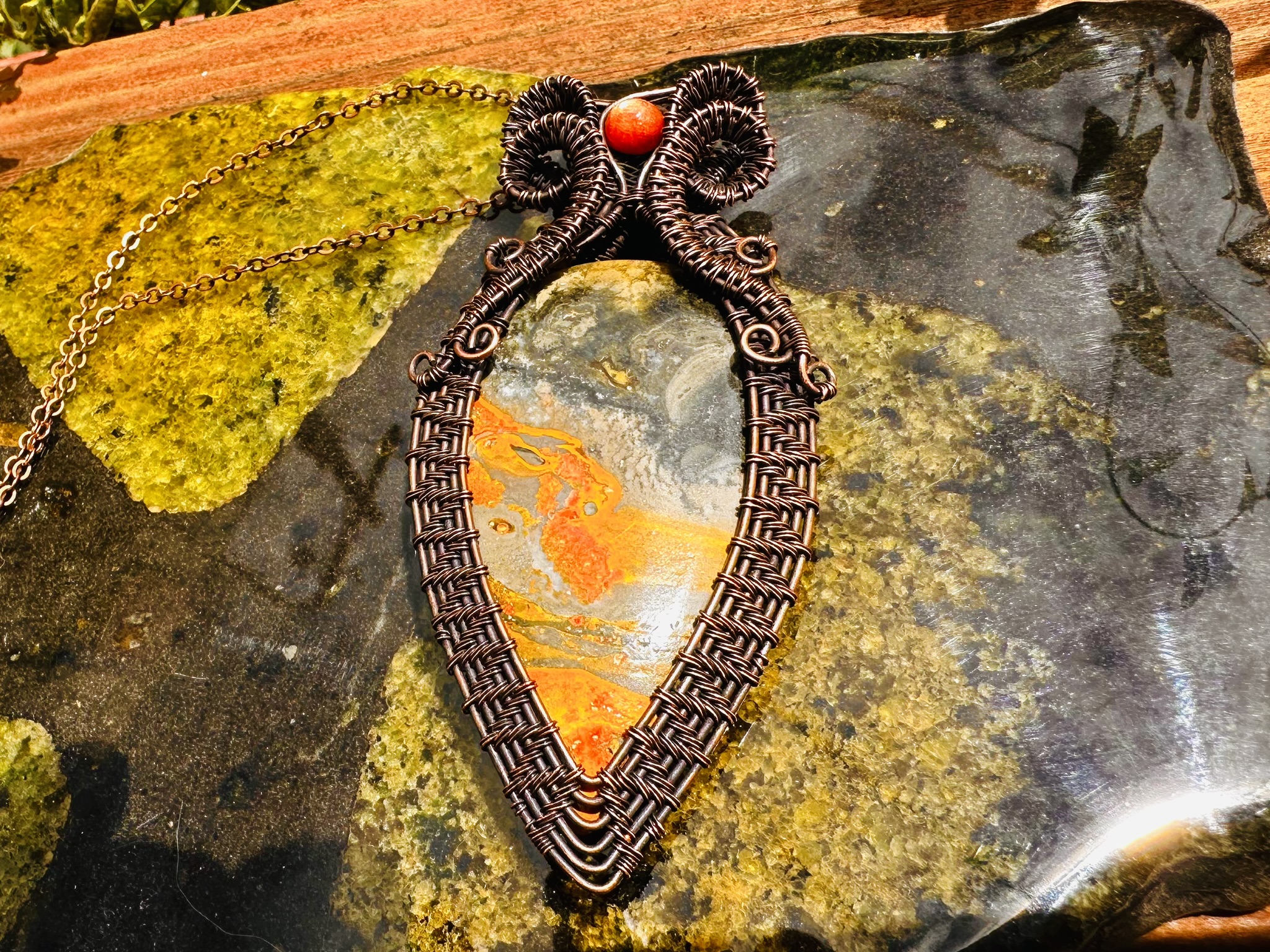 Bumblebee Jasper & Sunstone Copper Wire Statement Pendant