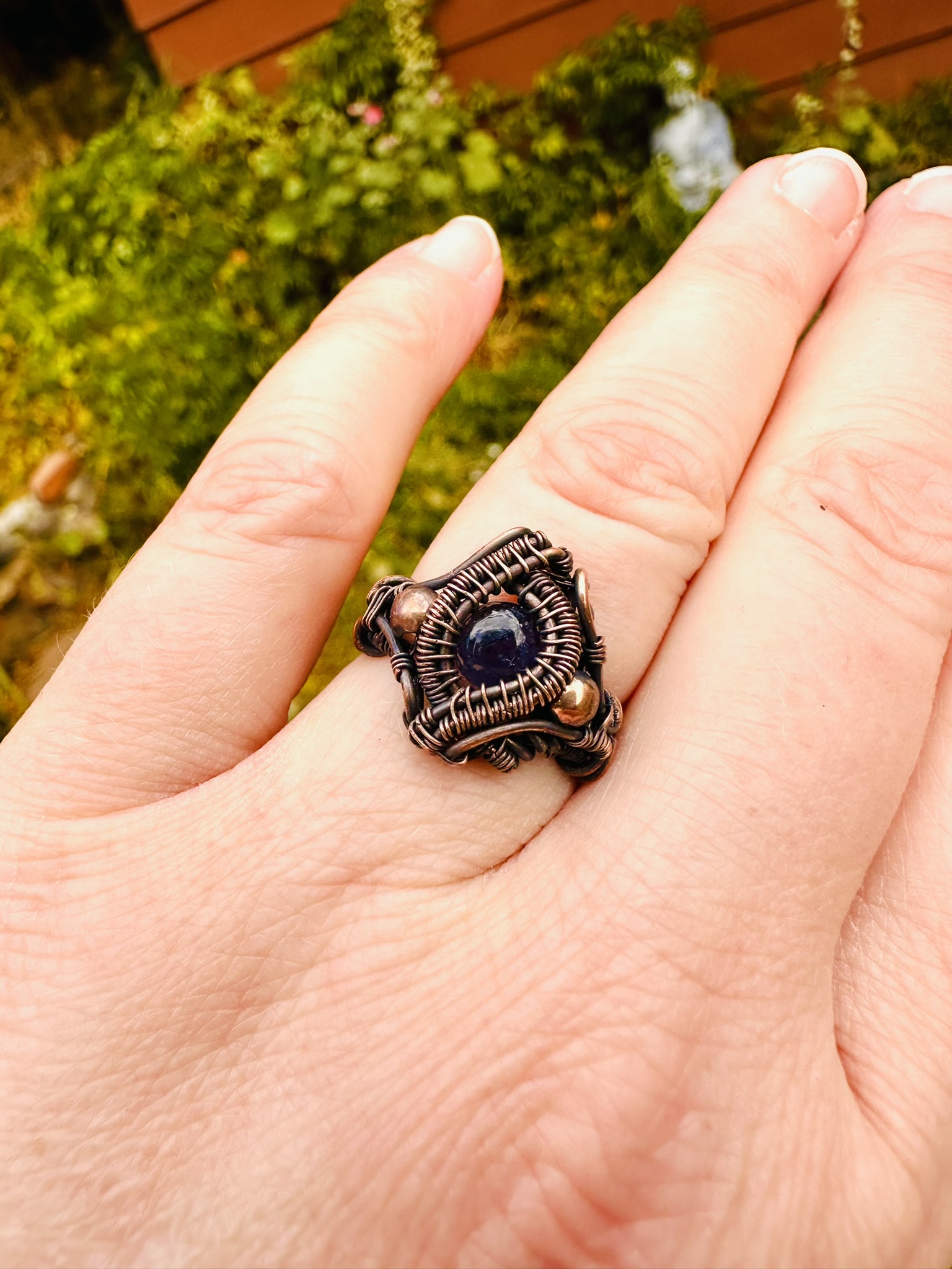 Handwoven Copper & Iolite Ring