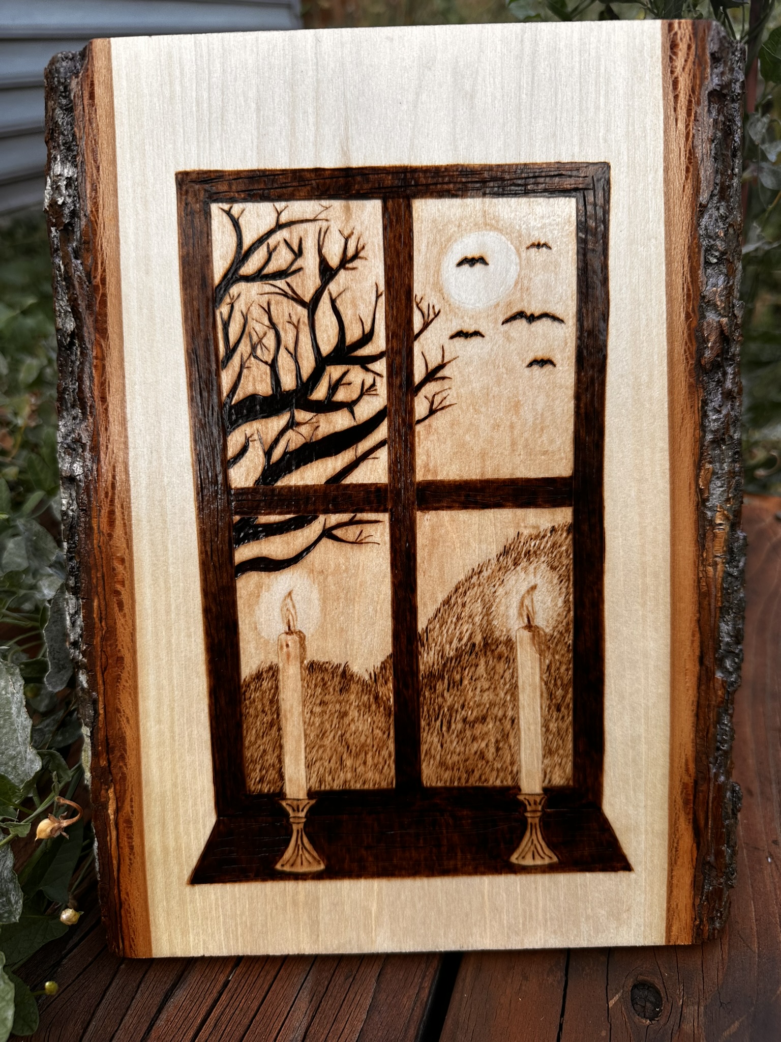 Candles & Shadows – Hand-Burned Fall Window Scene