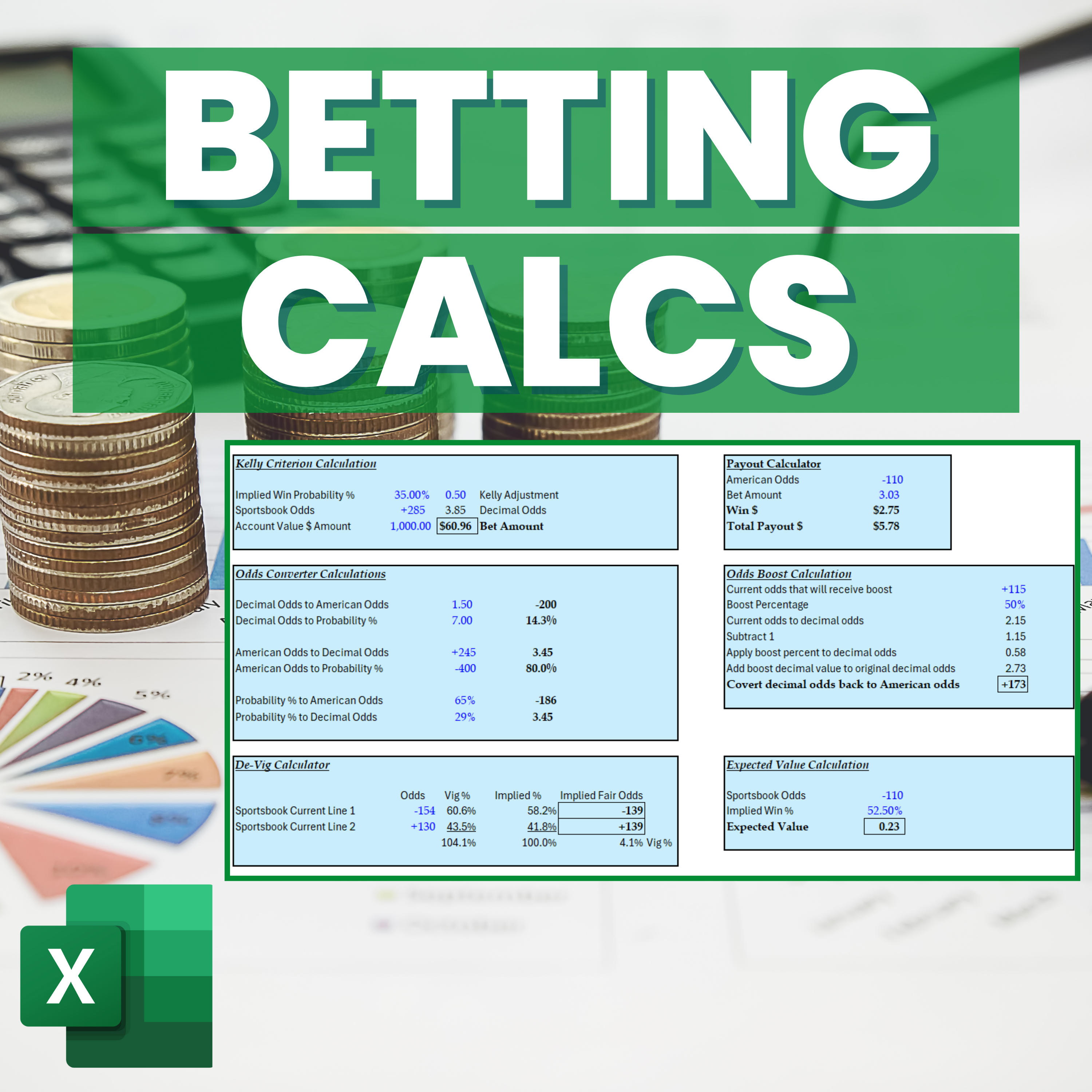 Sports Betting Calculations Reference Spreadsheet | Excel