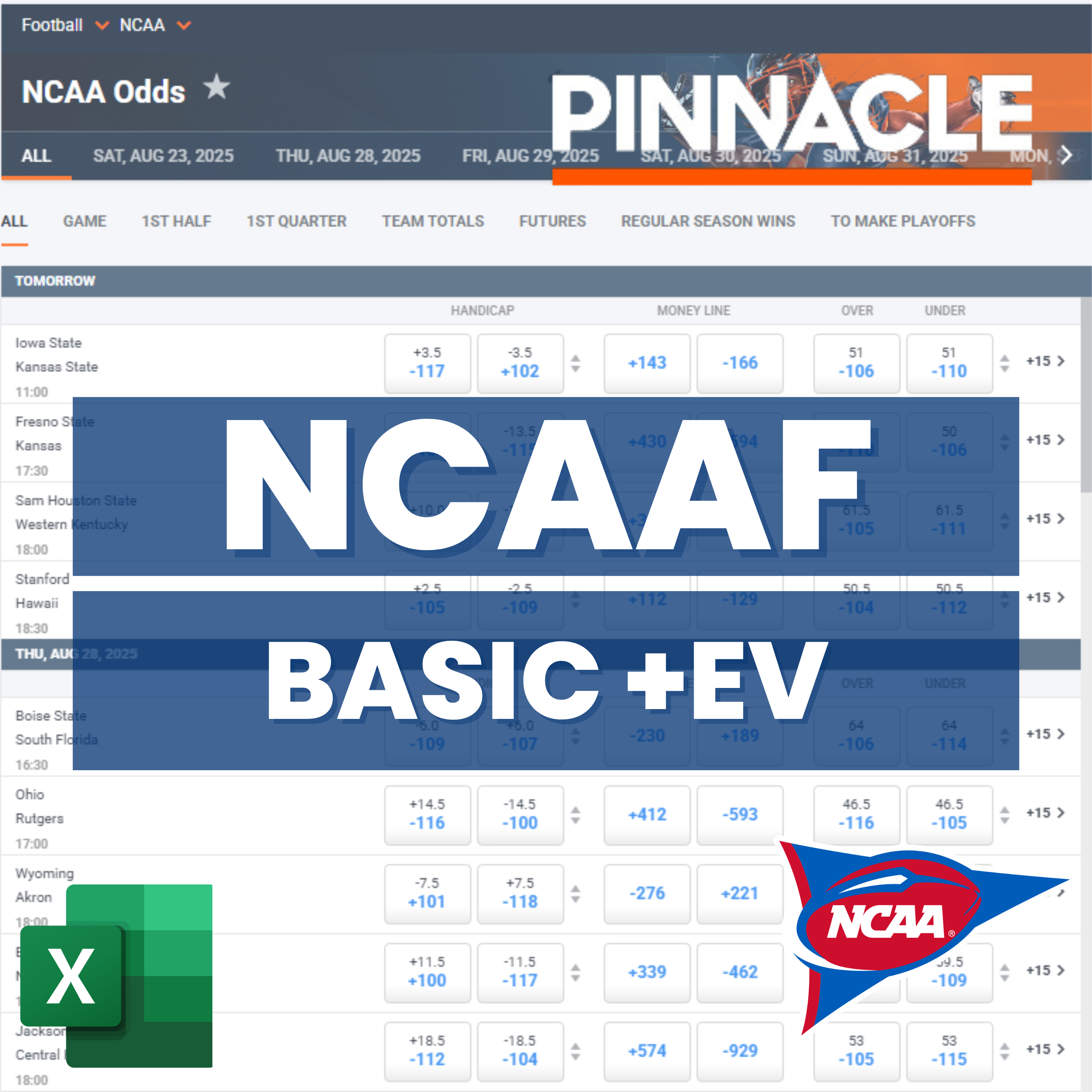 NCAA Football - Pinnacle - Basic +EV Betting Model | Excel