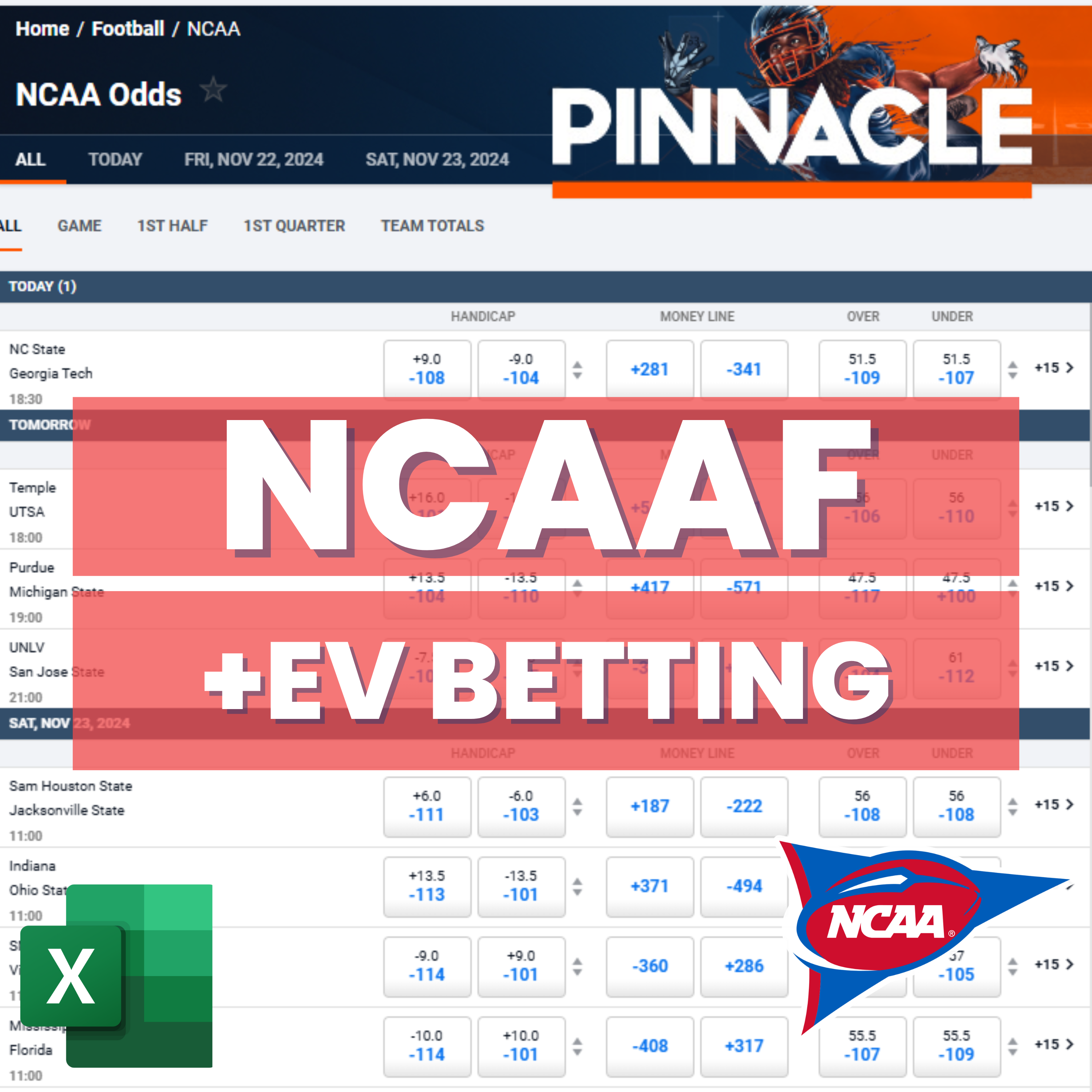 NCAA Football - Pinnacle - Expected Value Betting Model | Excel