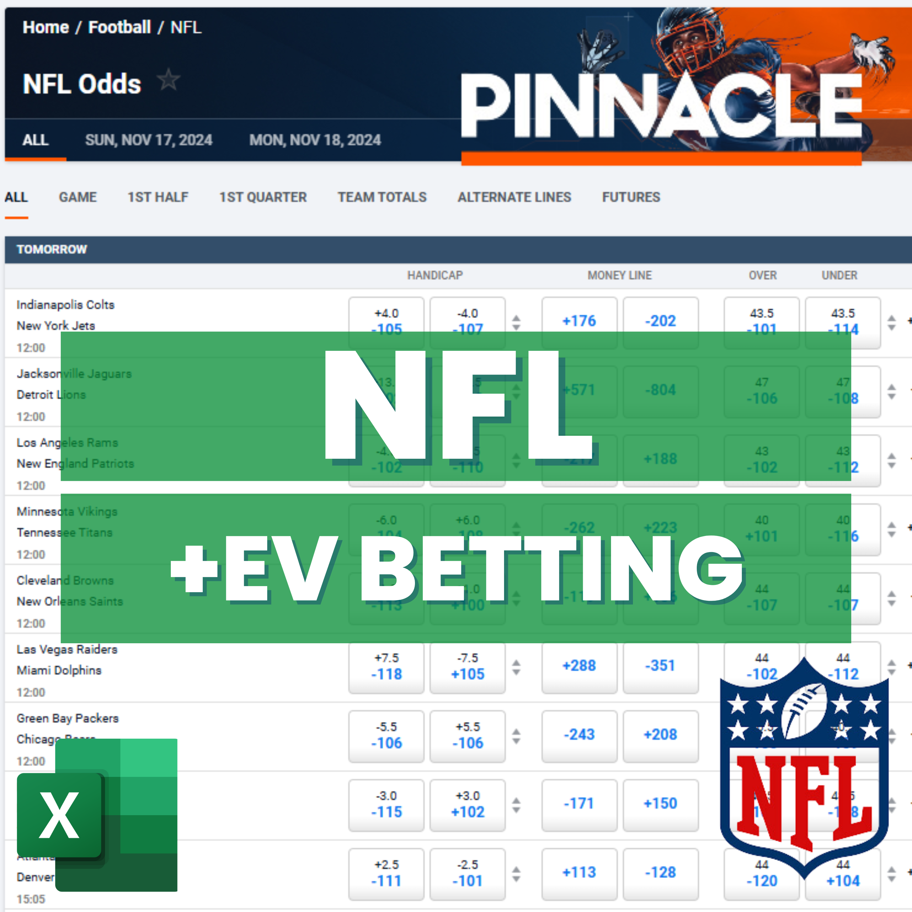 NFL Football - Pinnacle - Expected Value Betting Model | Excel
