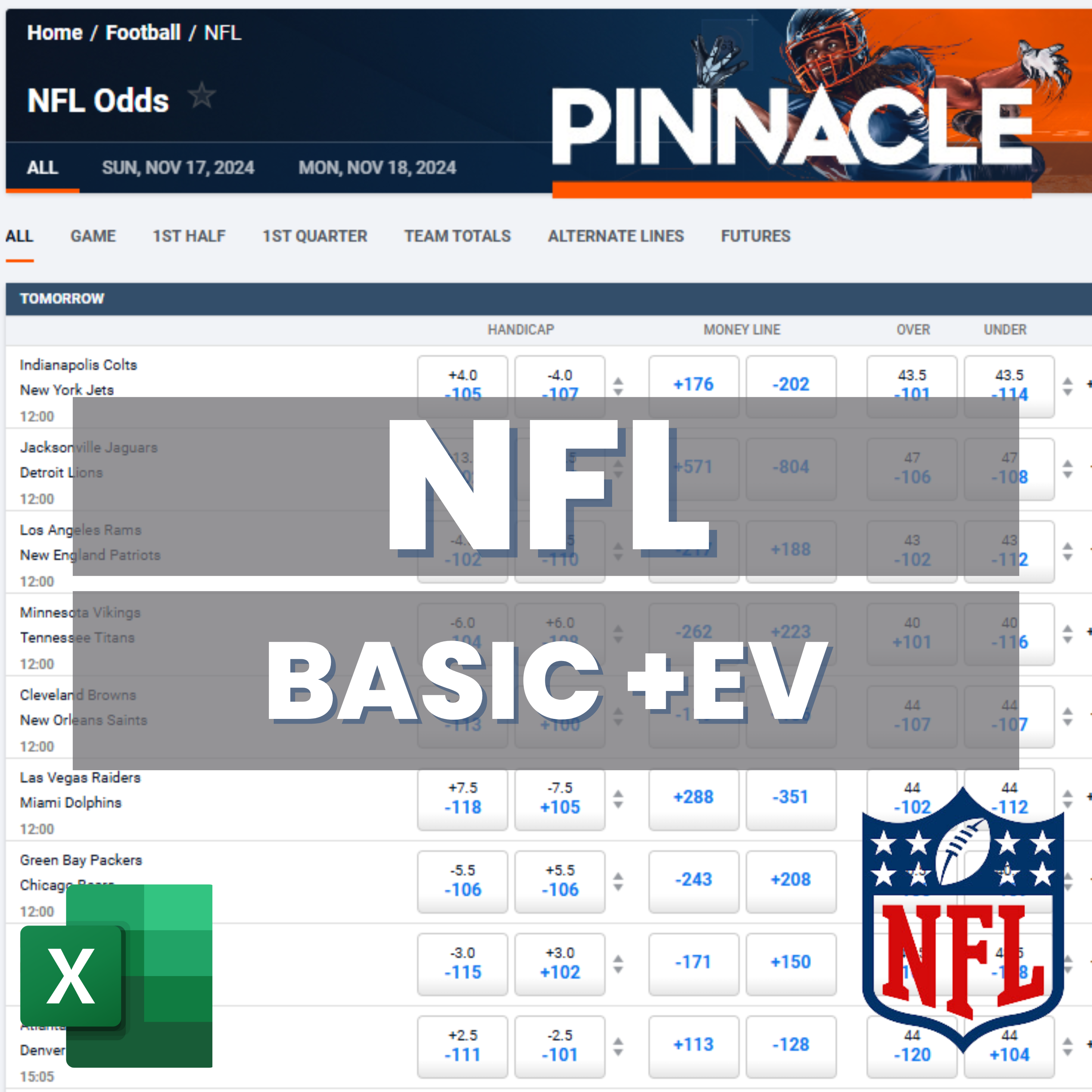NFL Football - Pinnacle - Basic +EV Betting Model | Excel