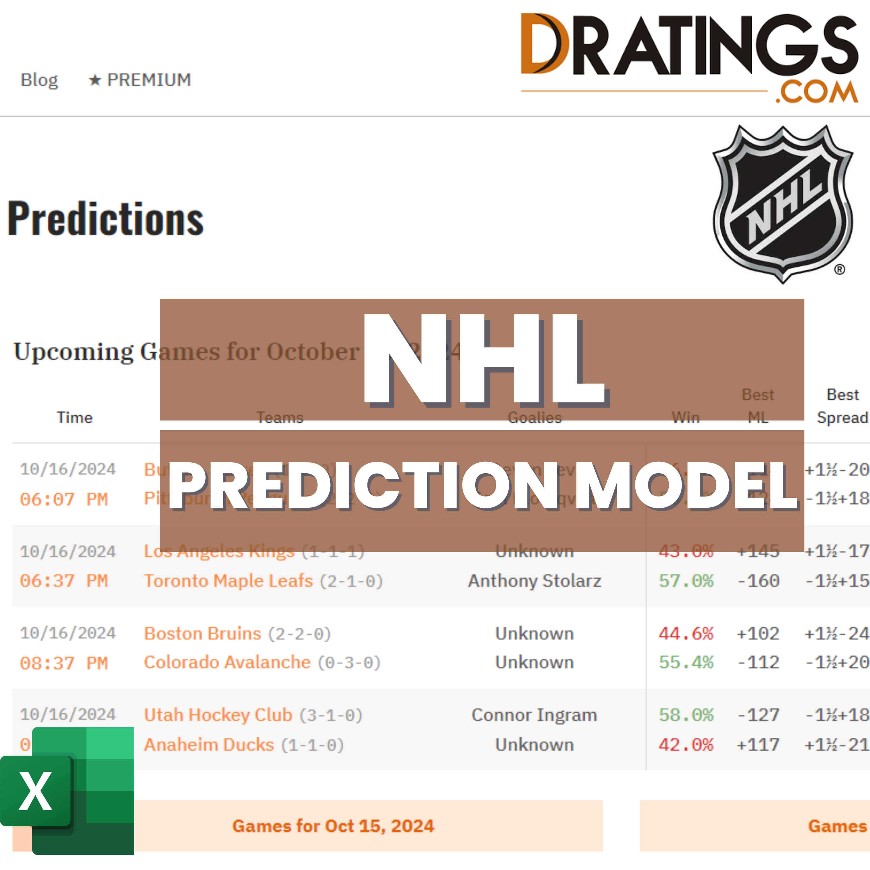 NHL Hockey - DRatings - Prediction Betting Model | Excel