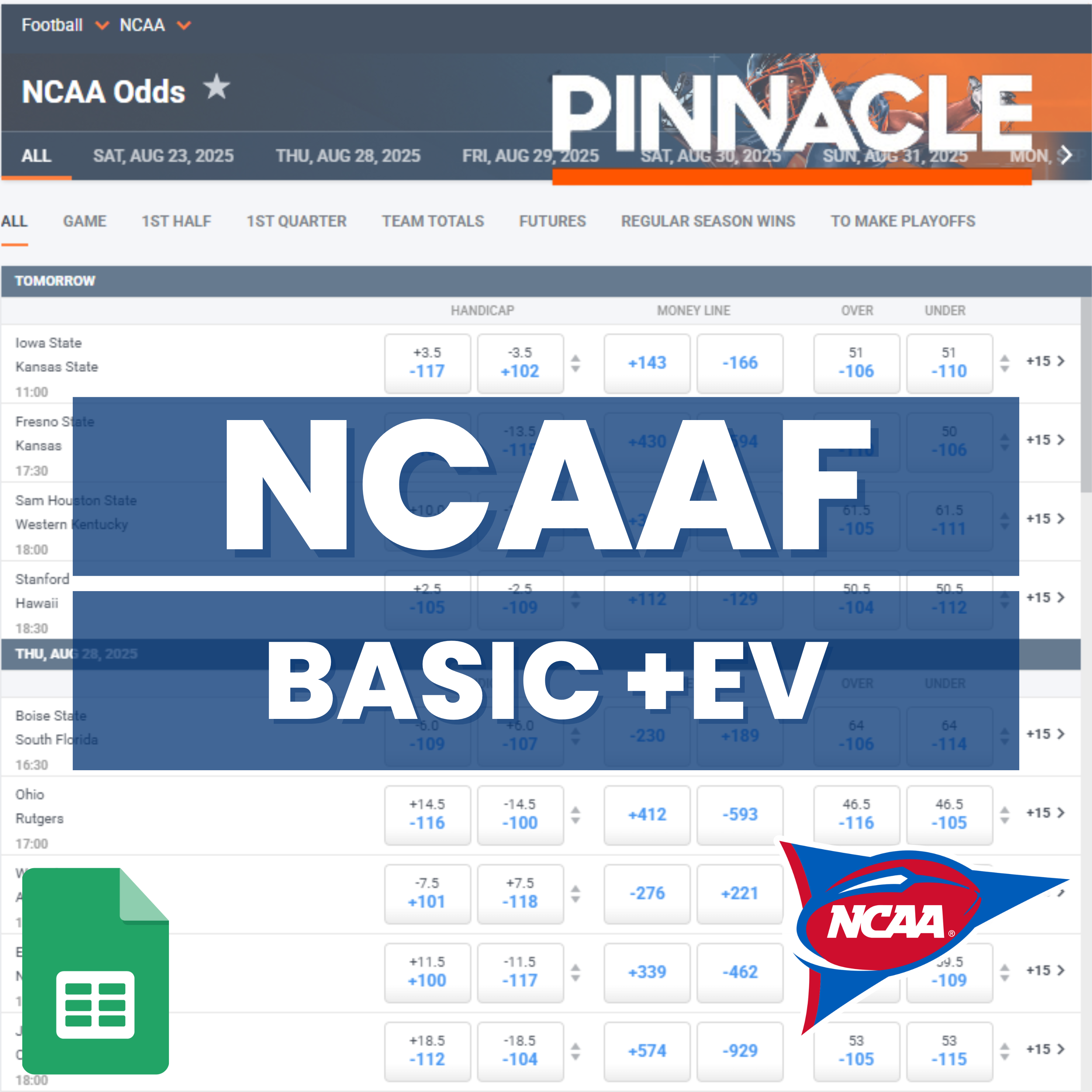 NCAA Football - Pinnacle - Basic +EV Betting Model | Sheets
