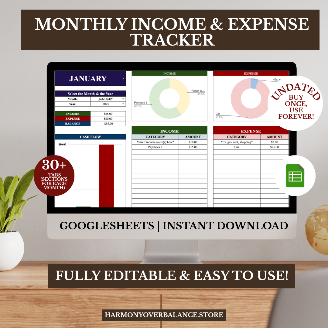 AUTOMATED Monthly Income & Expense Tracker Spreadsheet (Google Sheets)