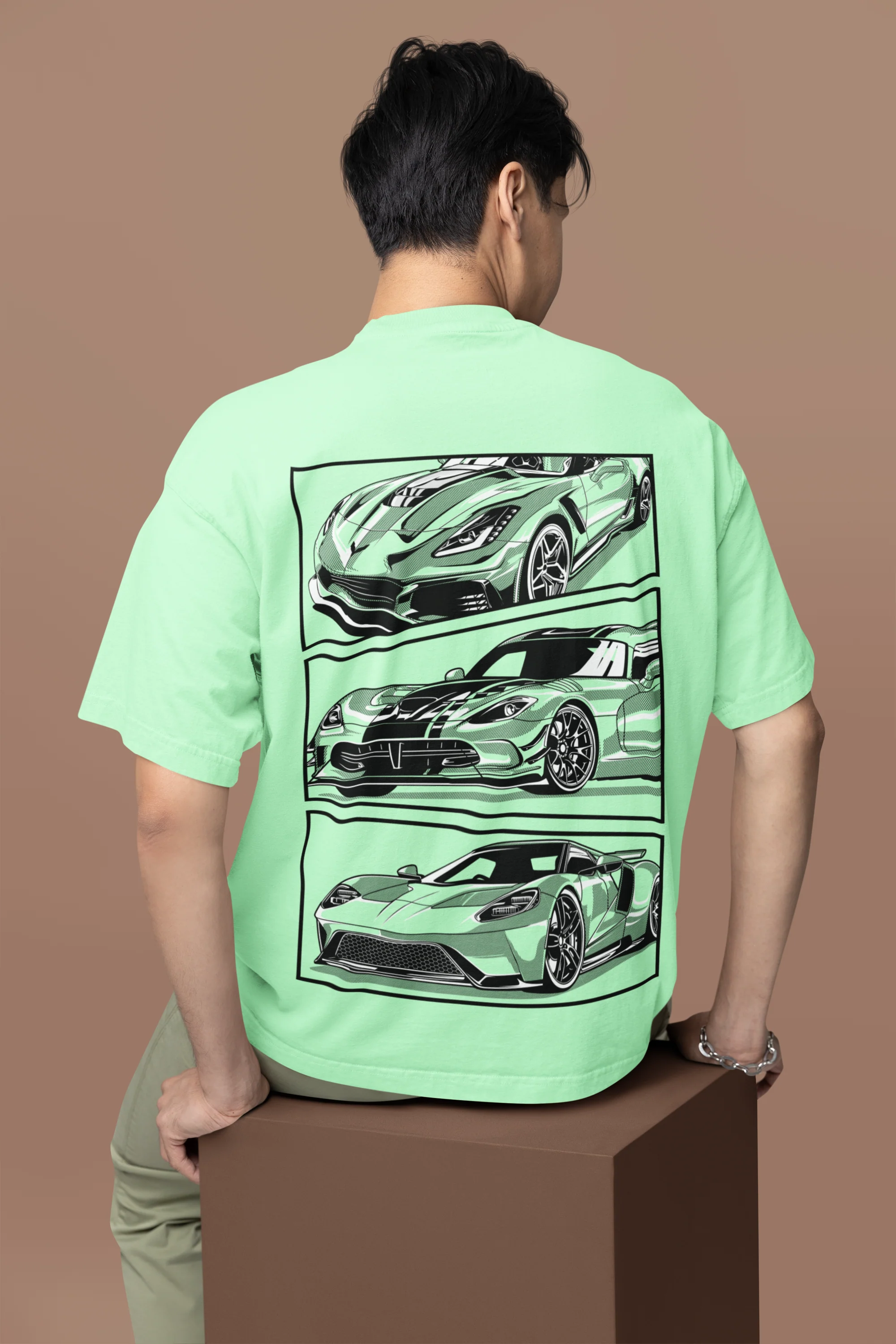 Oversized Graphic Car Print Light Green, White T-Shirt
